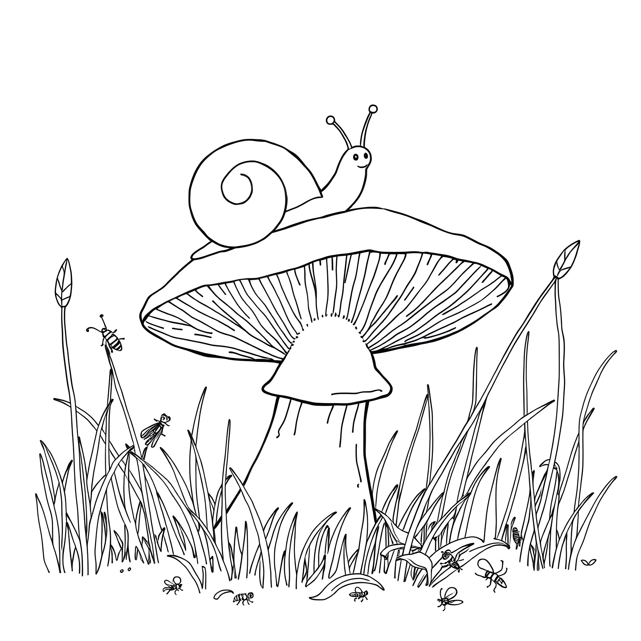 Mushroom Snail Exploring the Forest Coloring Page (free black-and-white line drawing printable PDF for all, from beginners to advanced learners, including children, teens, adults, and seniors)