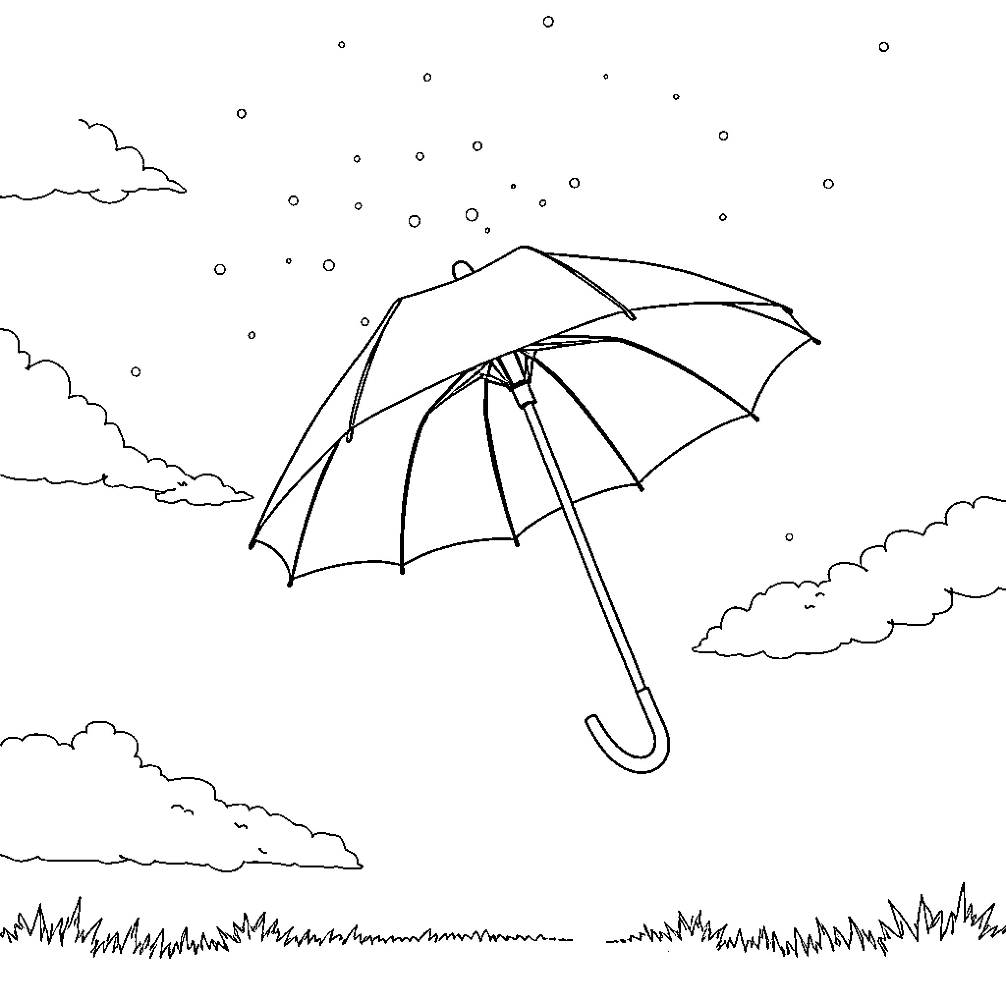 Umbrella in the rainy, cloudy sky Coloring Page (free black-and-white line drawing printable PDF for all, from beginners to advanced learners, including children, teens, adults, and seniors)