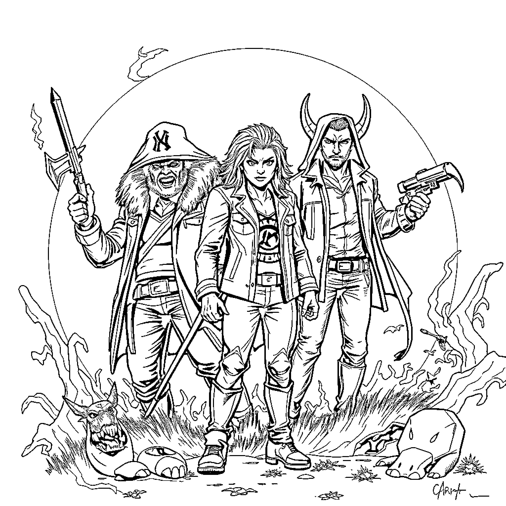 Boss group of costumed adventurers armed and ready Coloring Page (free black-and-white line drawing printable PDF for all, from beginners to advanced learners, including children, teens, adults, and seniors)