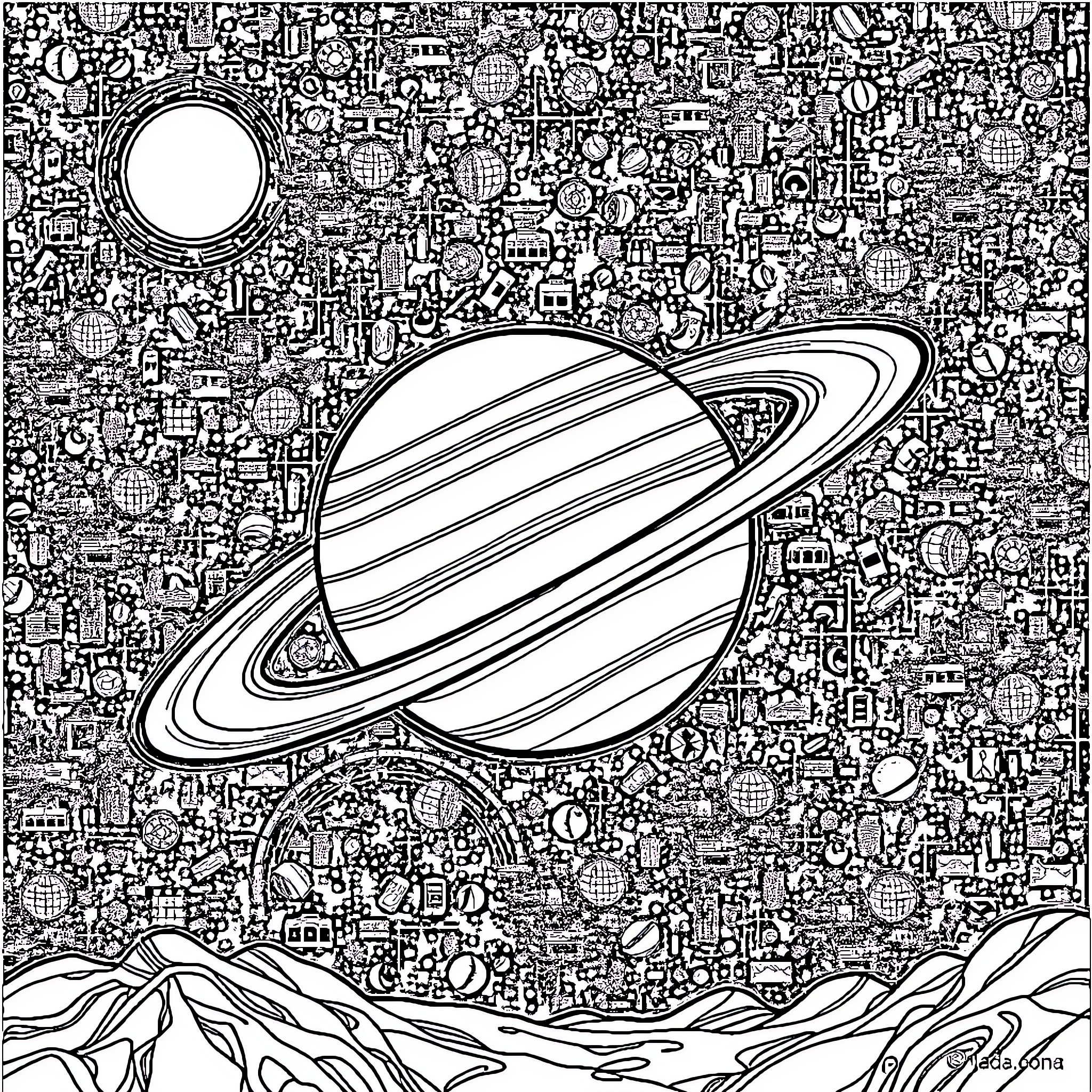 Saturn Surrounded by Cosmic Wonders Coloring Page (free black-and-white line drawing printable PDF for all, from beginners to advanced learners, including children, teens, adults, and seniors)