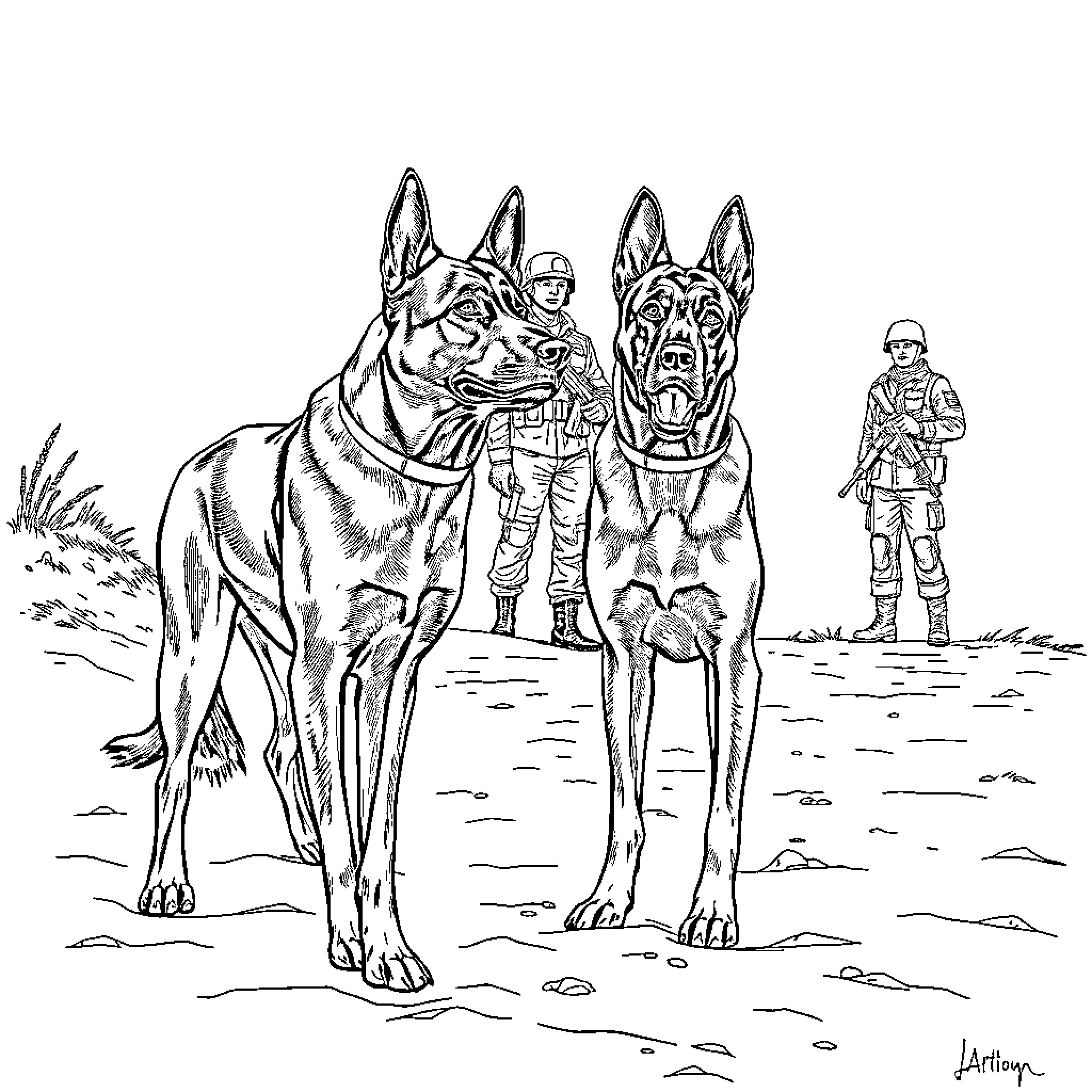 Belgian Malinois military canines in action Coloring Page (free black-and-white line drawing printable PDF for all, from beginners to advanced learners, including children, teens, adults, and seniors)