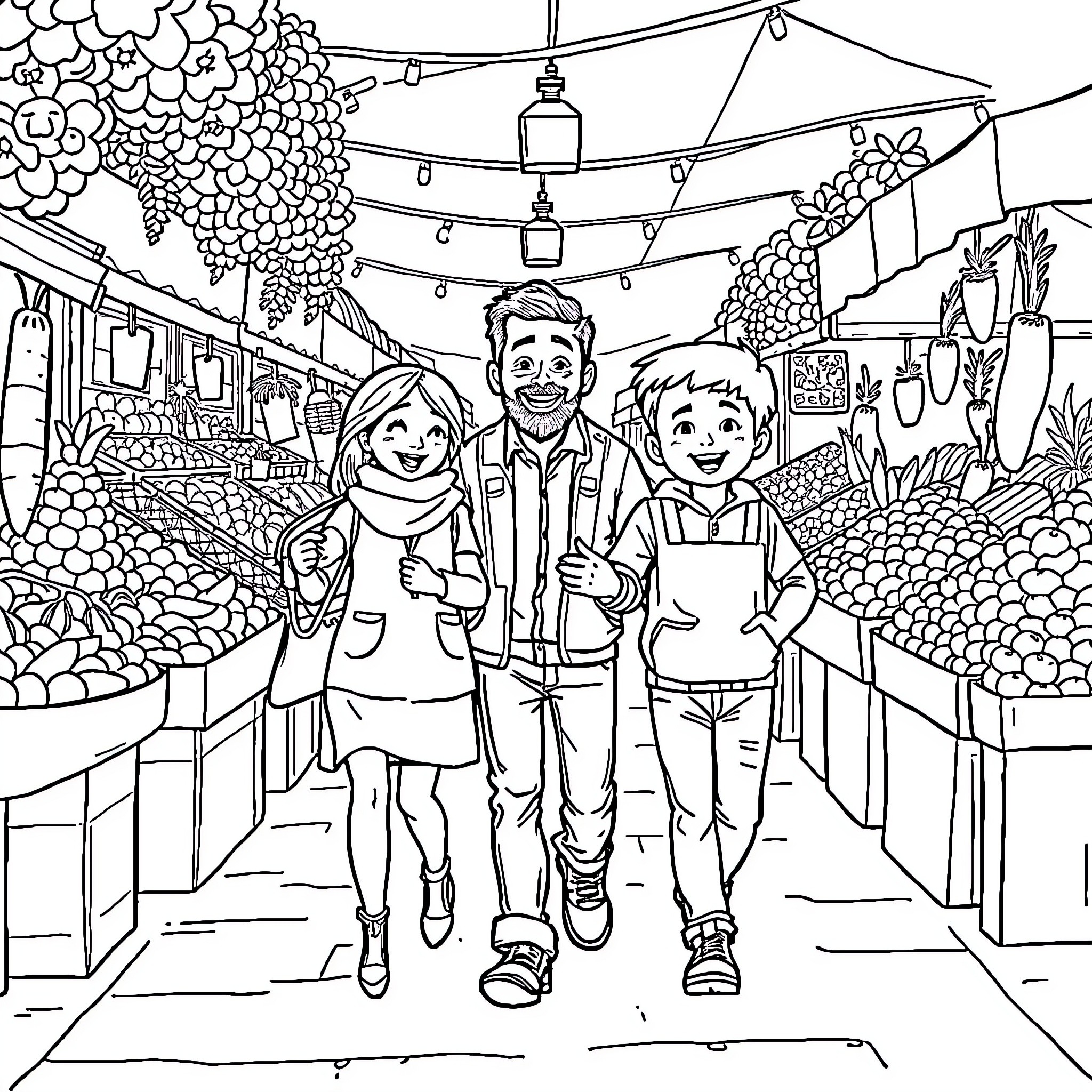 Market scene with happy family outing Coloring Page (free black-and-white line drawing printable PDF for all, from beginners to advanced learners, including children, teens, adults, and seniors)