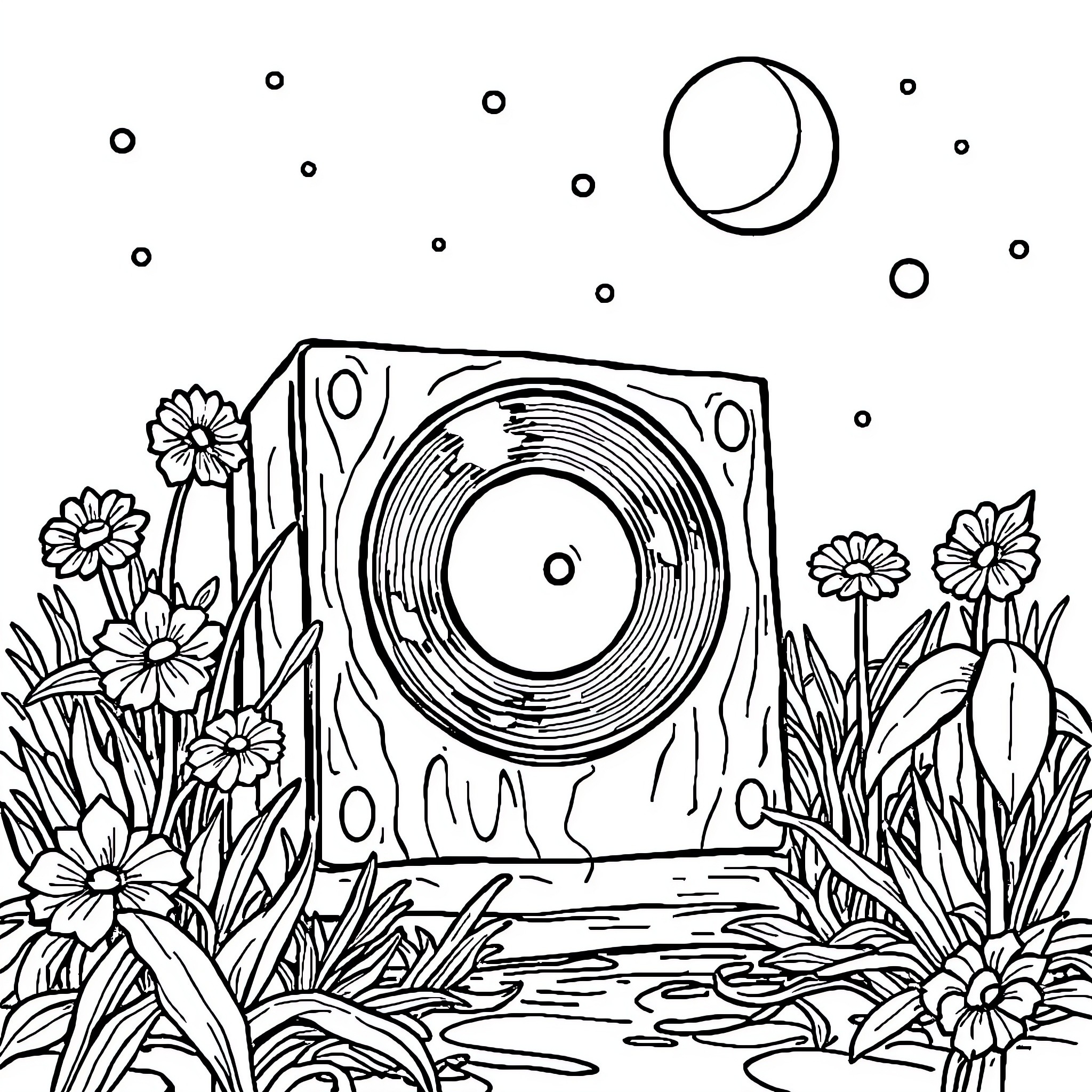 Album Cover: Vinyl Record in Meadow Coloring Page (free black-and-white line drawing printable PDF for all, from beginners to advanced learners, including children, teens, adults, and seniors)
