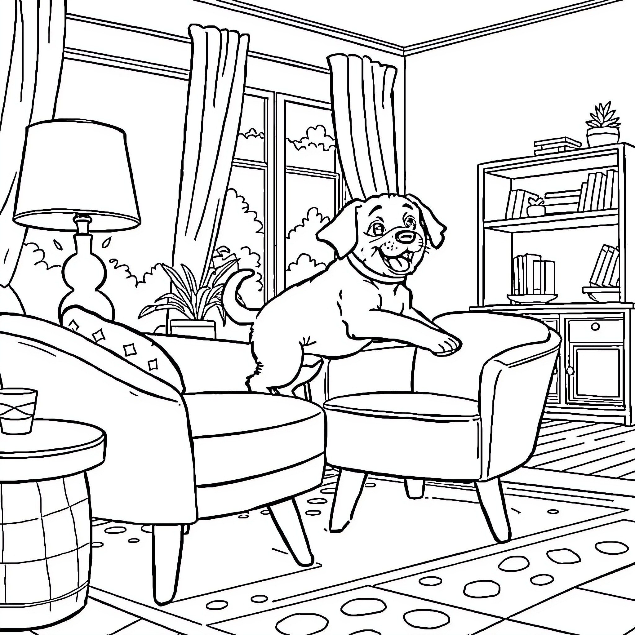 Bingo: Playful Pup in Cozy Living Room Coloring Page (free black-and-white line drawing printable PDF for all, from beginners to advanced learners, including children, teens, adults, and seniors)