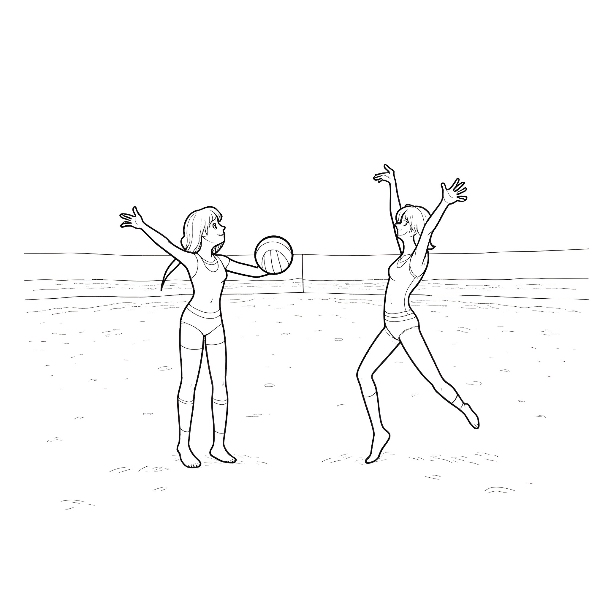 Himmel - Two women playing beach volleyball Coloring Page (free black-and-white line drawing printable PDF for all, from beginners to advanced learners, including children, teens, adults, and seniors)