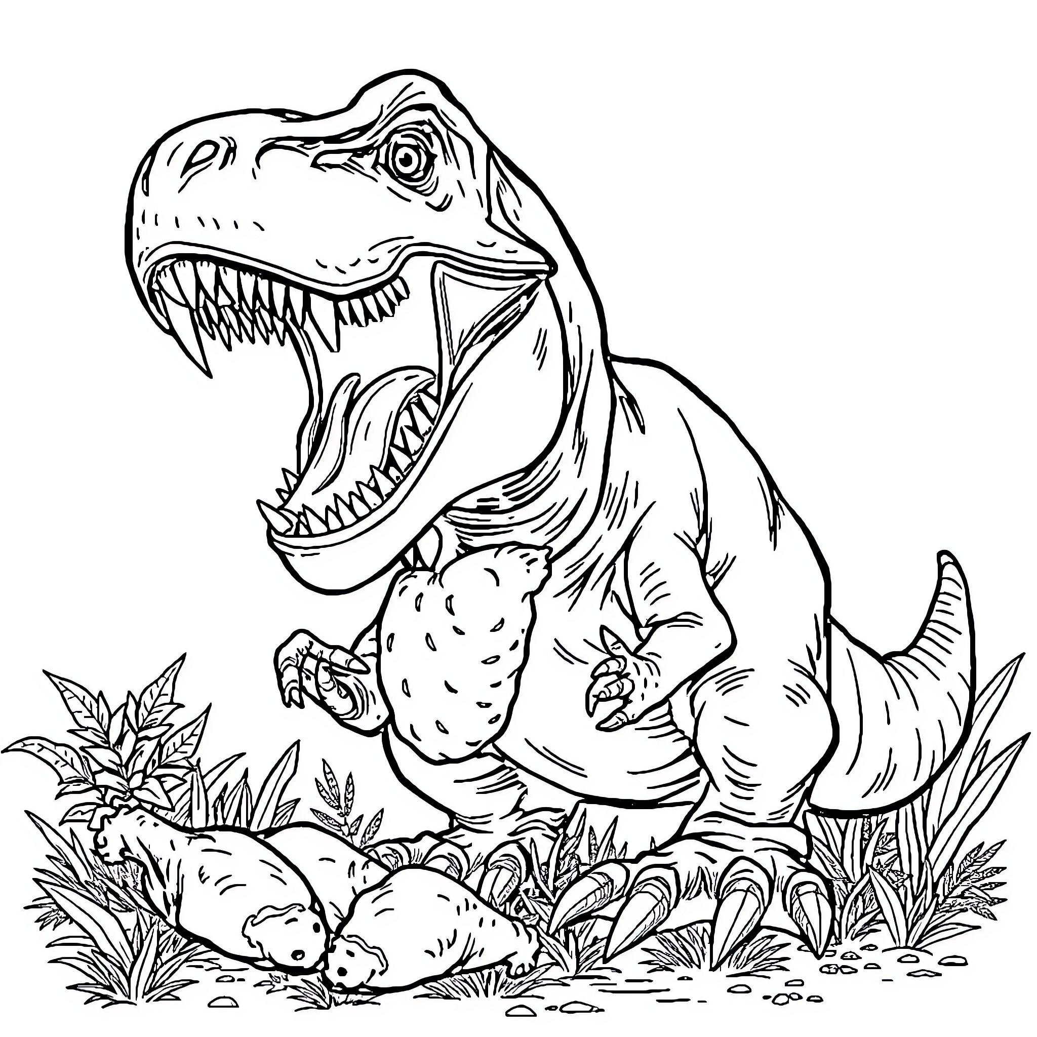 T-Rex Stalking Prey in Prehistoric Jungle Coloring Page (free black-and-white line drawing printable PDF for all, from beginners to advanced learners, including children, teens, adults, and seniors)