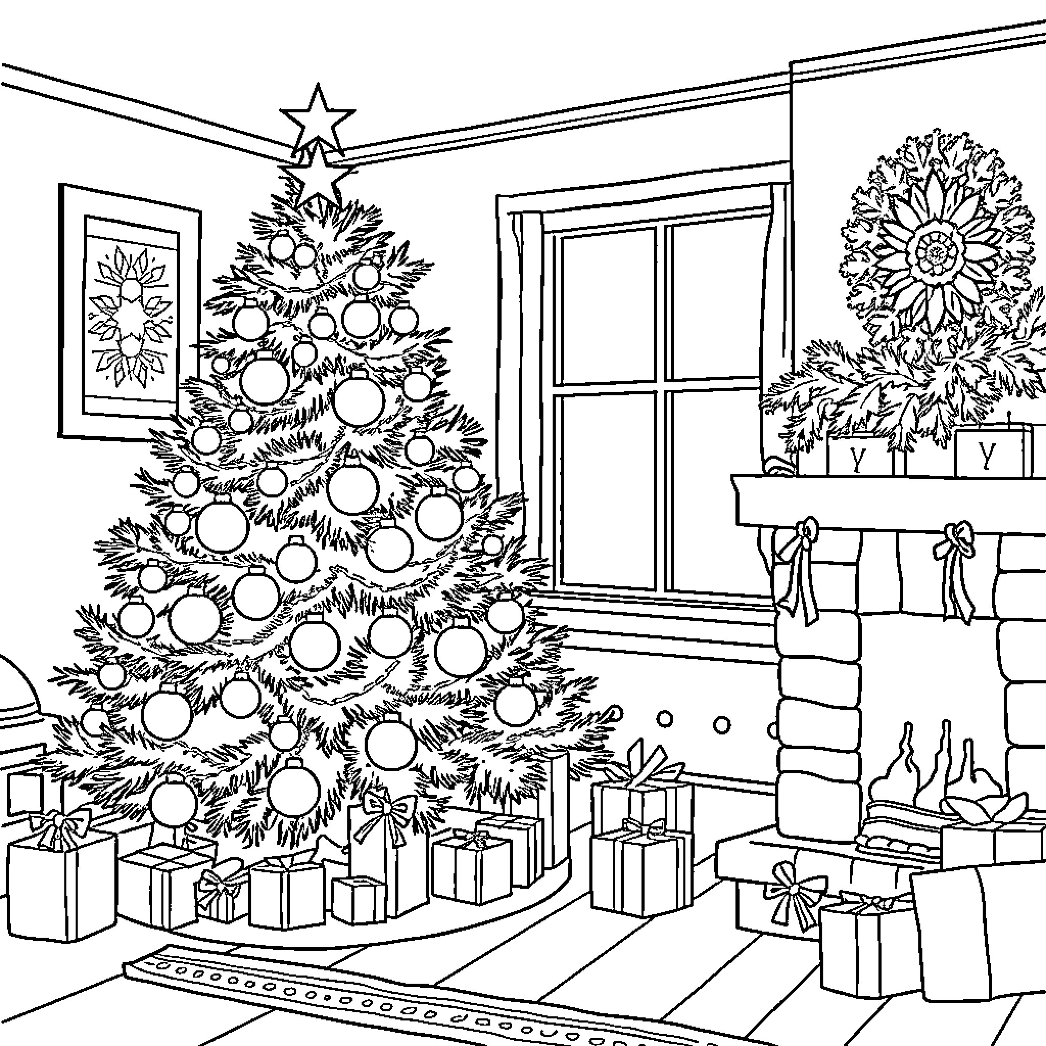 Christmas Decorations in Cozy Home Interior Coloring Page (free black-and-white line drawing printable PDF for all, from beginners to advanced learners, including children, teens, adults, and seniors)