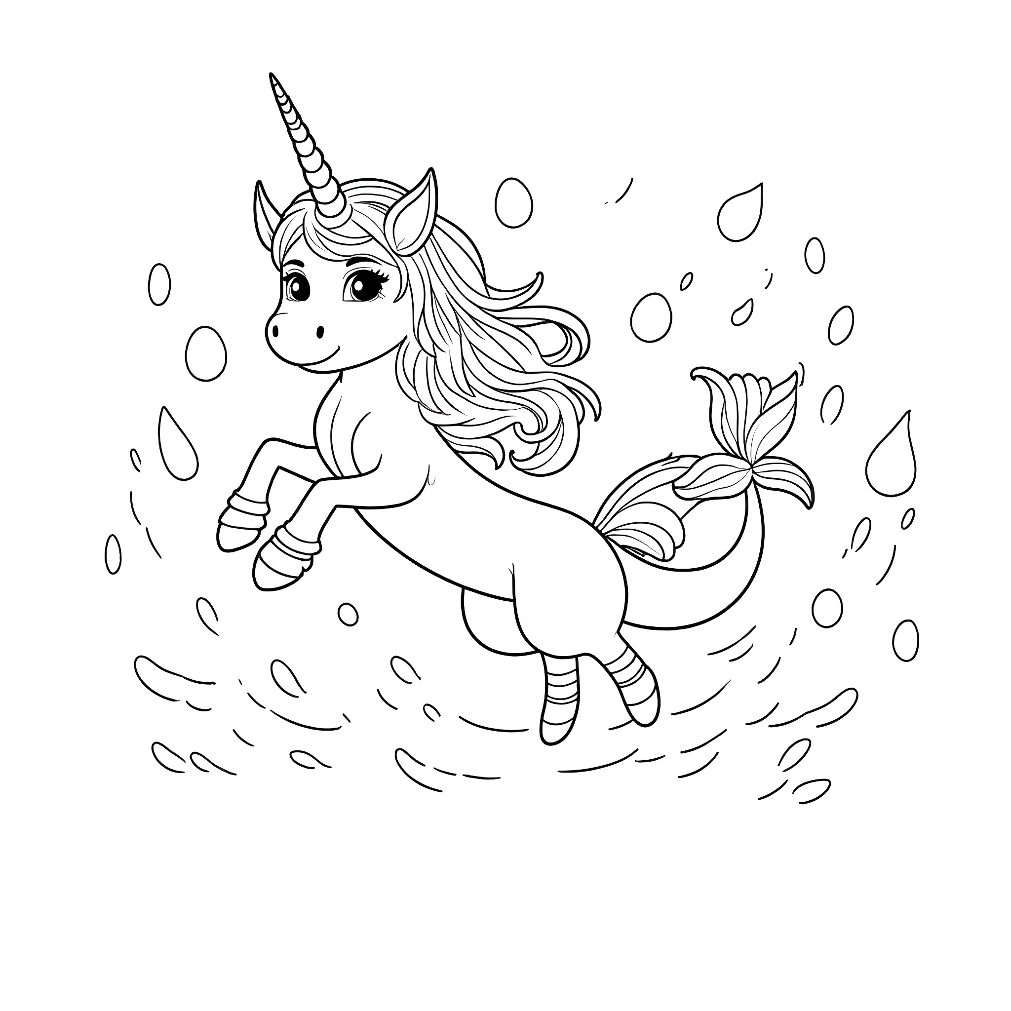 Unicorn Mermaid swims with excitement in the rain Coloring Page (free black-and-white line drawing printable PDF for all, from beginners to advanced learners, including children, teens, adults, and seniors)