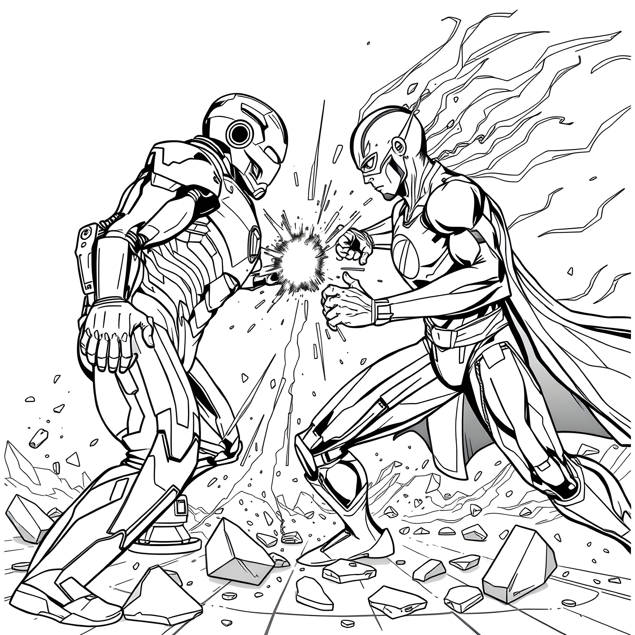 Iron Man in epic battle with a powerful foe Coloring Page (free black-and-white line drawing printable PDF for all, from beginners to advanced learners, including children, teens, adults, and seniors)