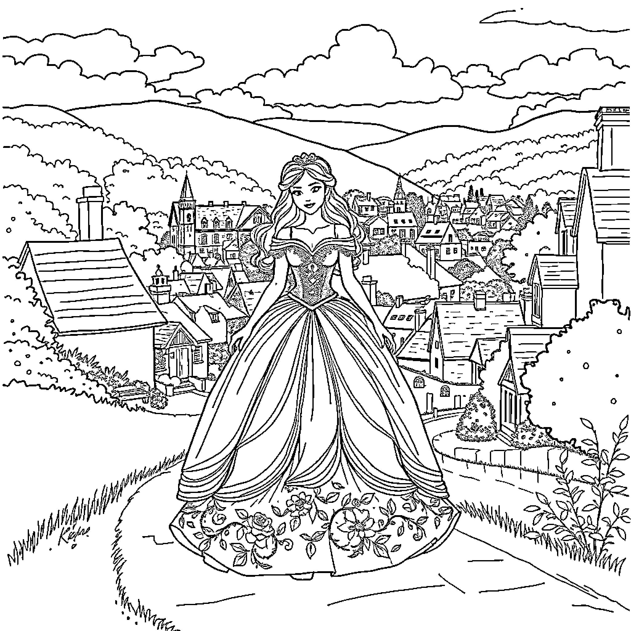 Princess admiring the charming town landscape Coloring Page (free black-and-white line drawing printable PDF for all, from beginners to advanced learners, including children, teens, adults, and seniors)