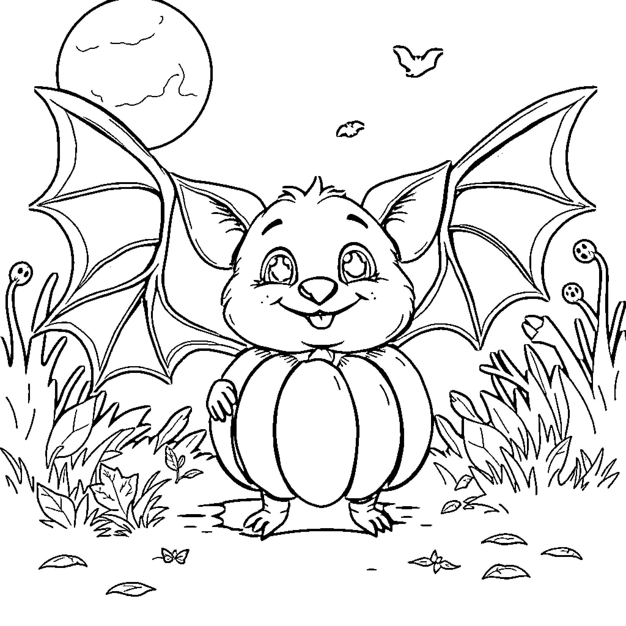 Bat holding a pumpkin in a nighttime scene Coloring Page (free black-and-white line drawing printable PDF for all, from beginners to advanced learners, including children, teens, adults, and seniors)