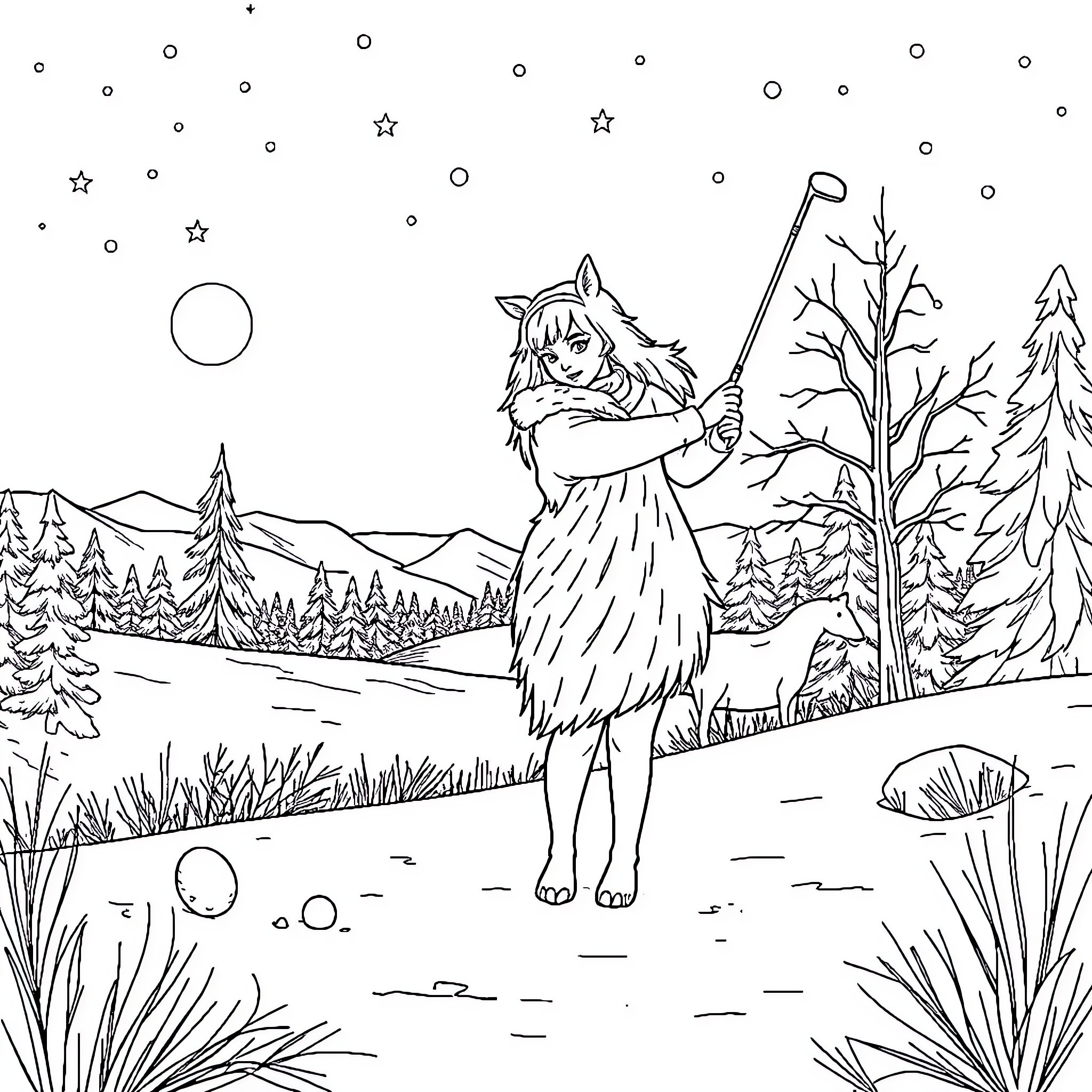 Queen wielding a staff in a mystical forest Coloring Page (free black-and-white line drawing printable PDF for all, from beginners to advanced learners, including children, teens, adults, and seniors)