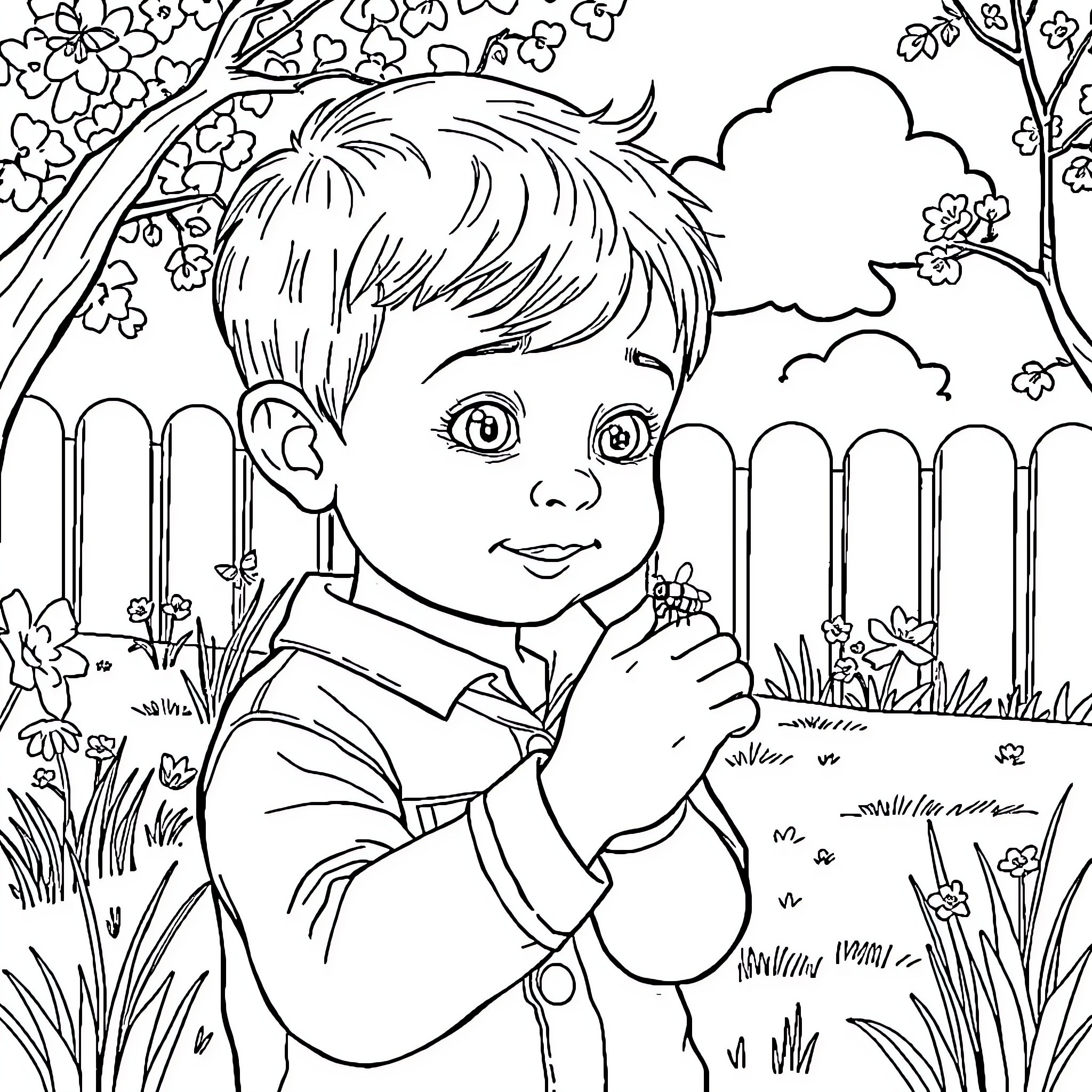 Boy explores garden with flowers and clouds Coloring Page (free black-and-white line drawing printable PDF for all, from beginners to advanced learners, including children, teens, adults, and seniors)