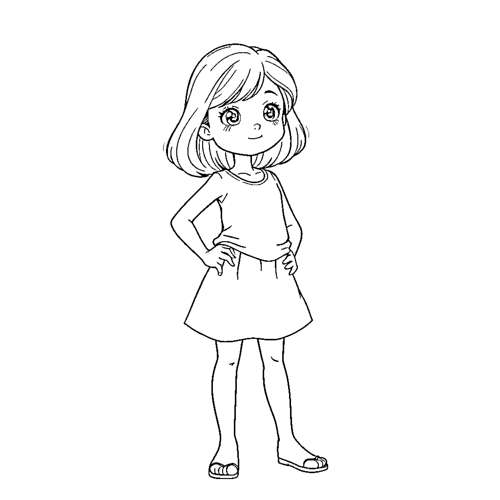 Girl in a Cheerful Pose Coloring Page (free black-and-white line drawing printable PDF for all, from beginners to advanced learners, including children, teens, adults, and seniors)