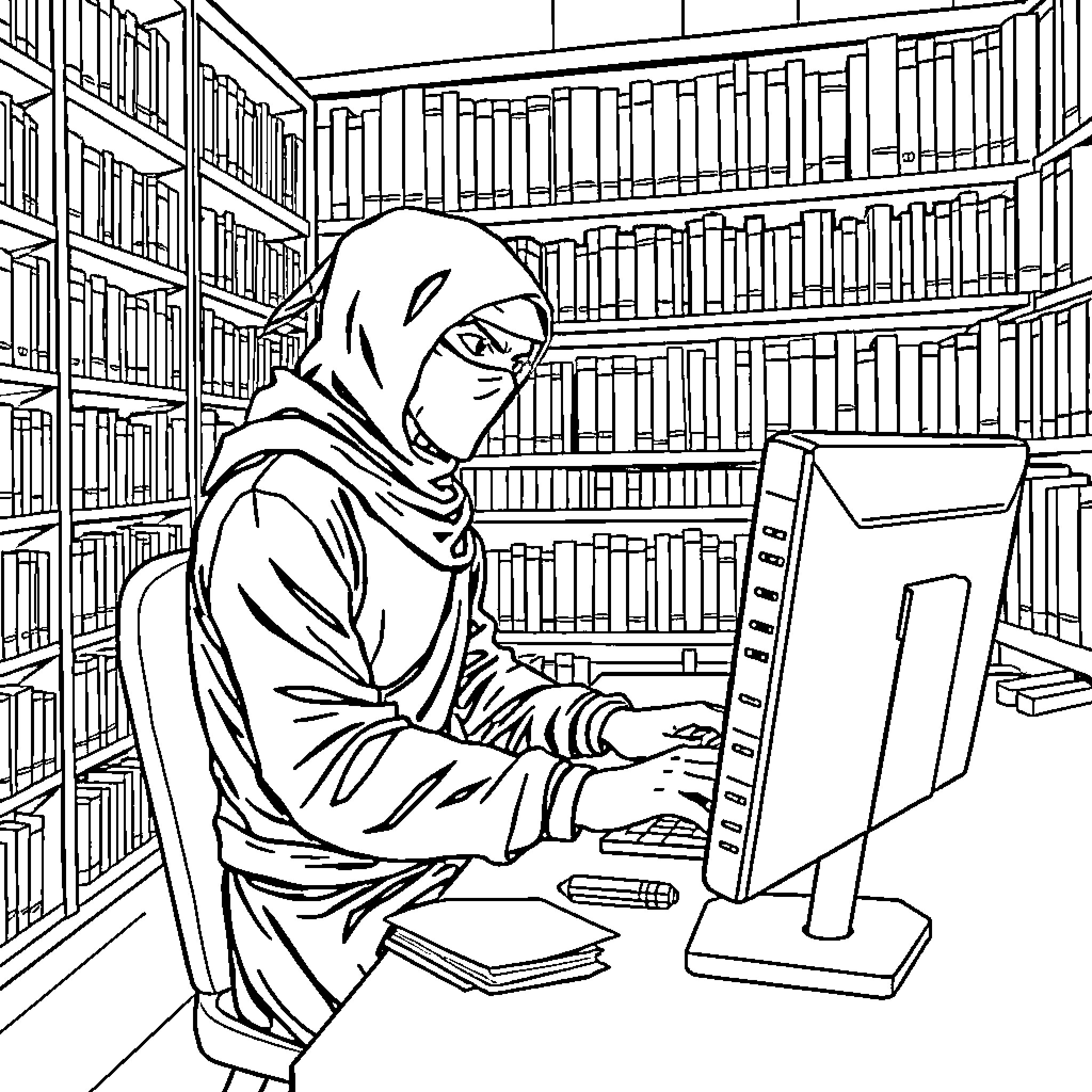 Ninja hacker in the library Coloring Page (free black-and-white line drawing printable PDF for all, from beginners to advanced learners, including children, teens, adults, and seniors)