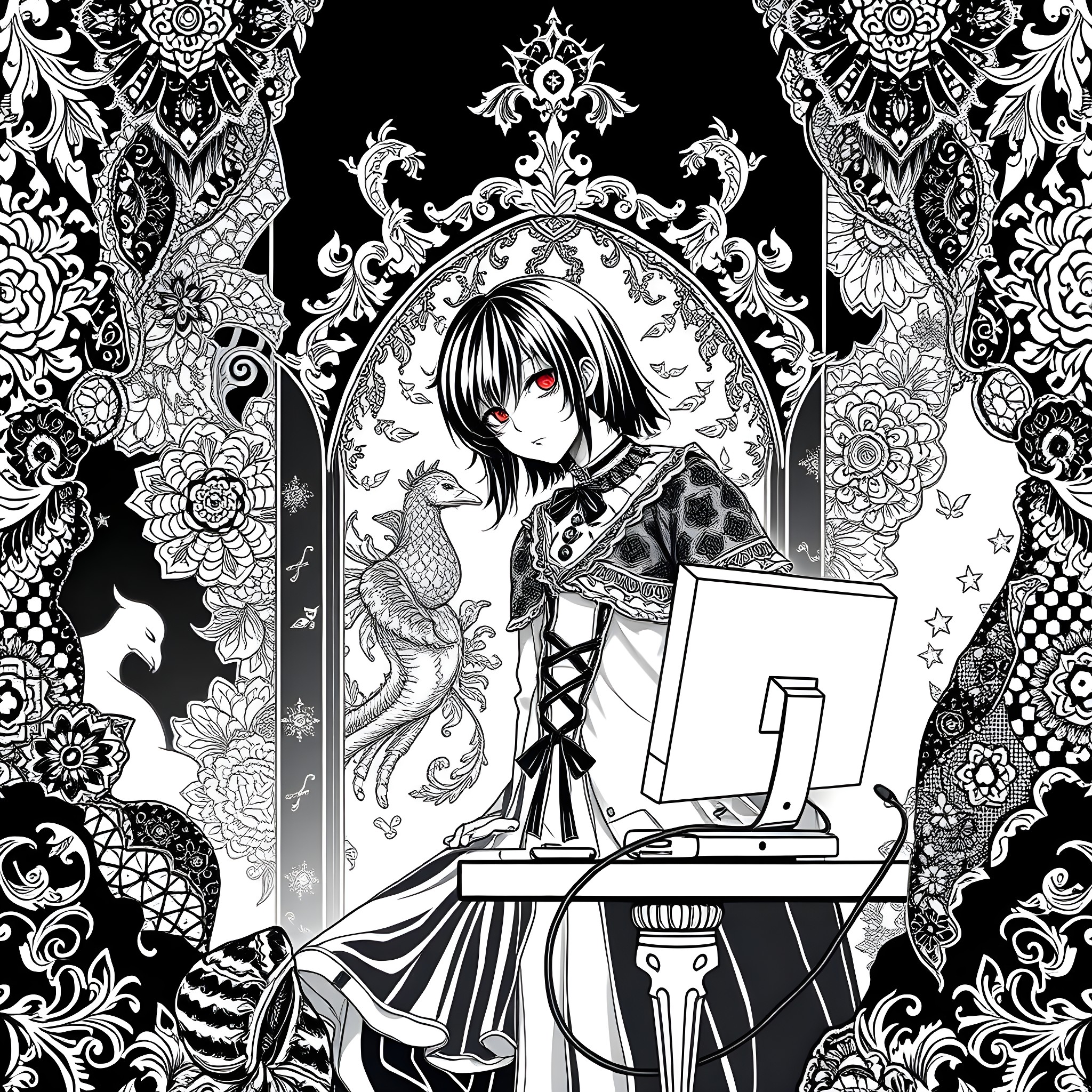 Goth Girl Working Intricately in Her Studio Coloring Page (free black-and-white line drawing printable PDF for all, from beginners to advanced learners, including children, teens, adults, and seniors)