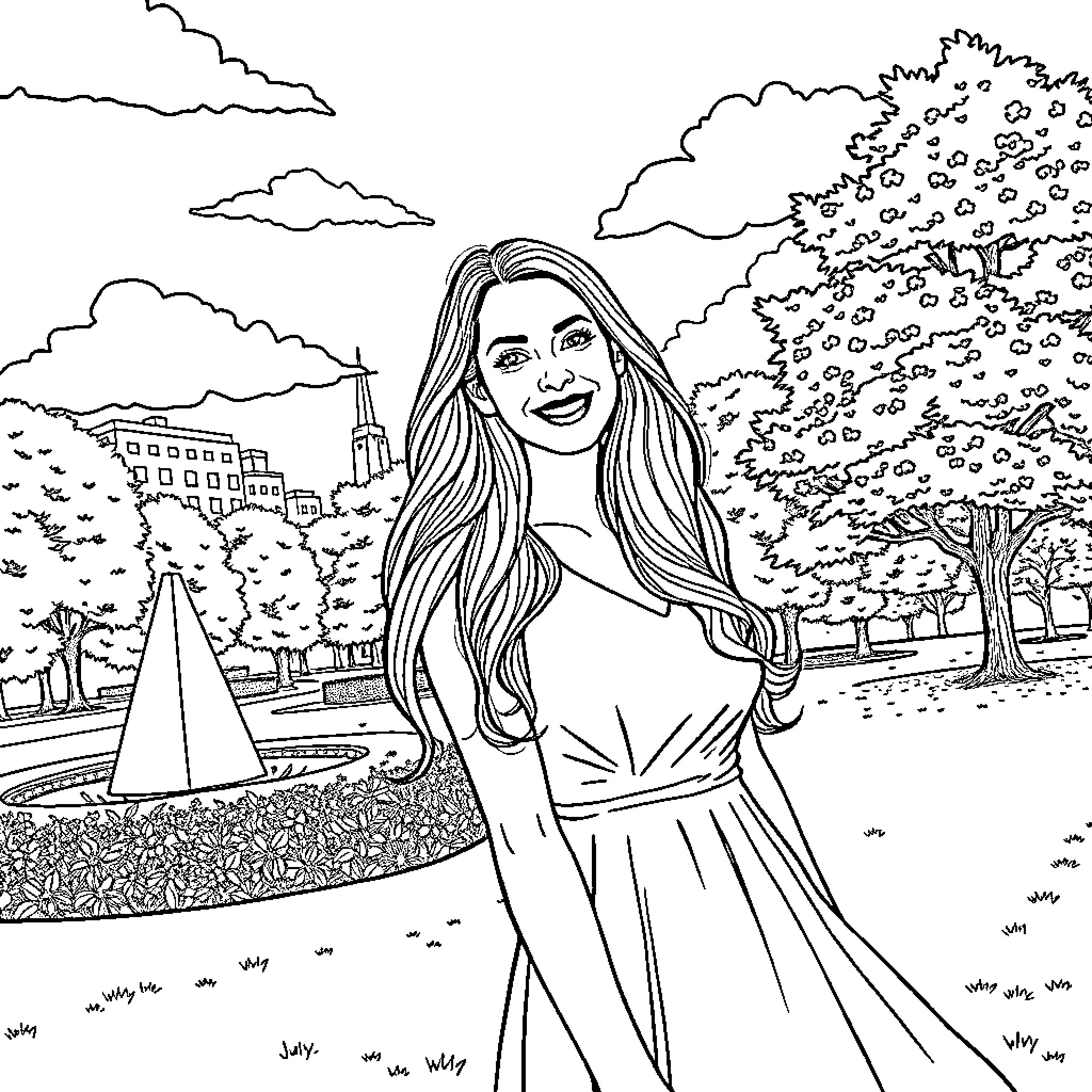 Rosa's Enjoyable Stroll through the Enchanting Scenery Coloring Page (free black-and-white line drawing printable PDF for all, from beginners to advanced learners, including children, teens, adults, and seniors)