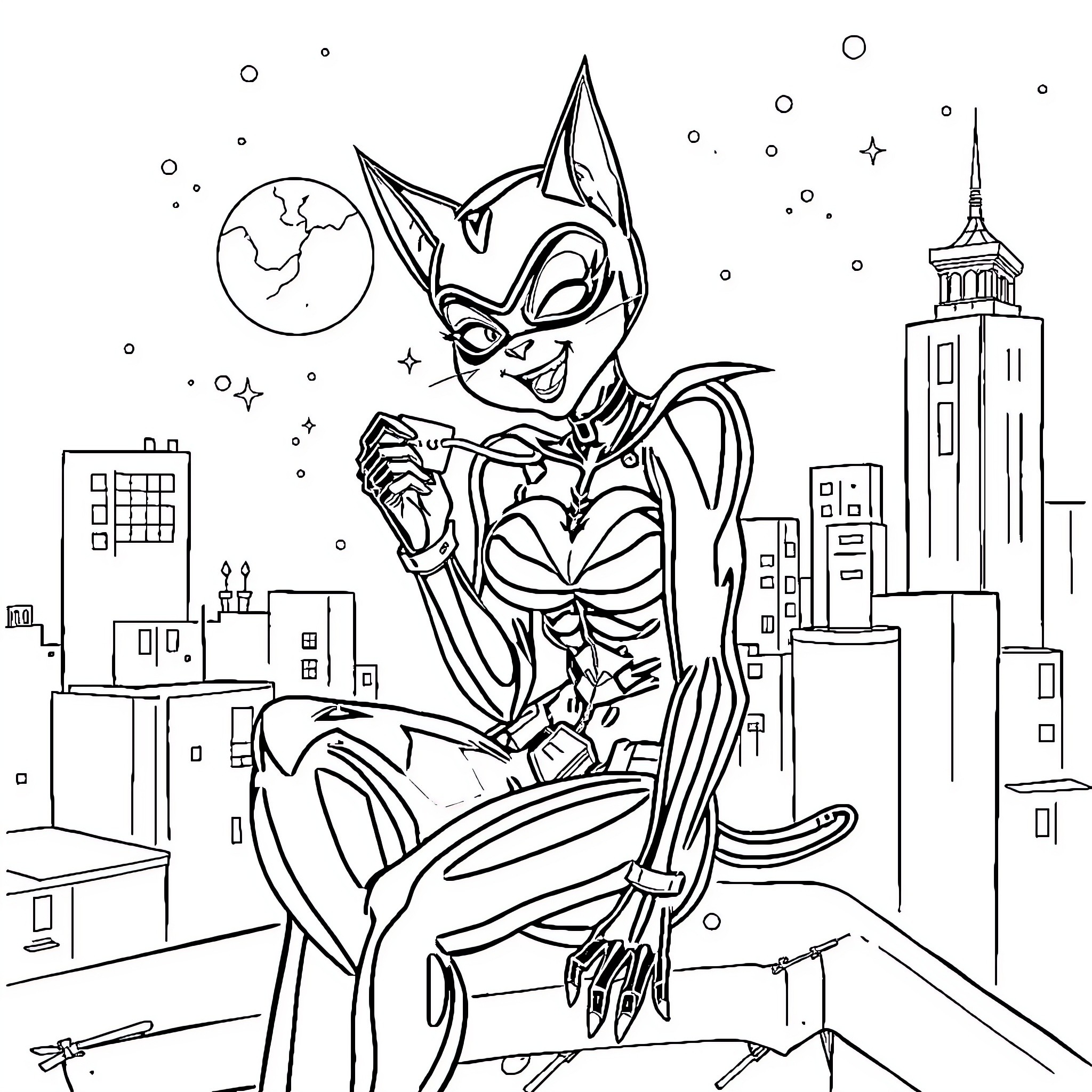 Catwoman Swinging Through the City at Night Coloring Page (free black-and-white line drawing printable PDF for all, from beginners to advanced learners, including children, teens, adults, and seniors)