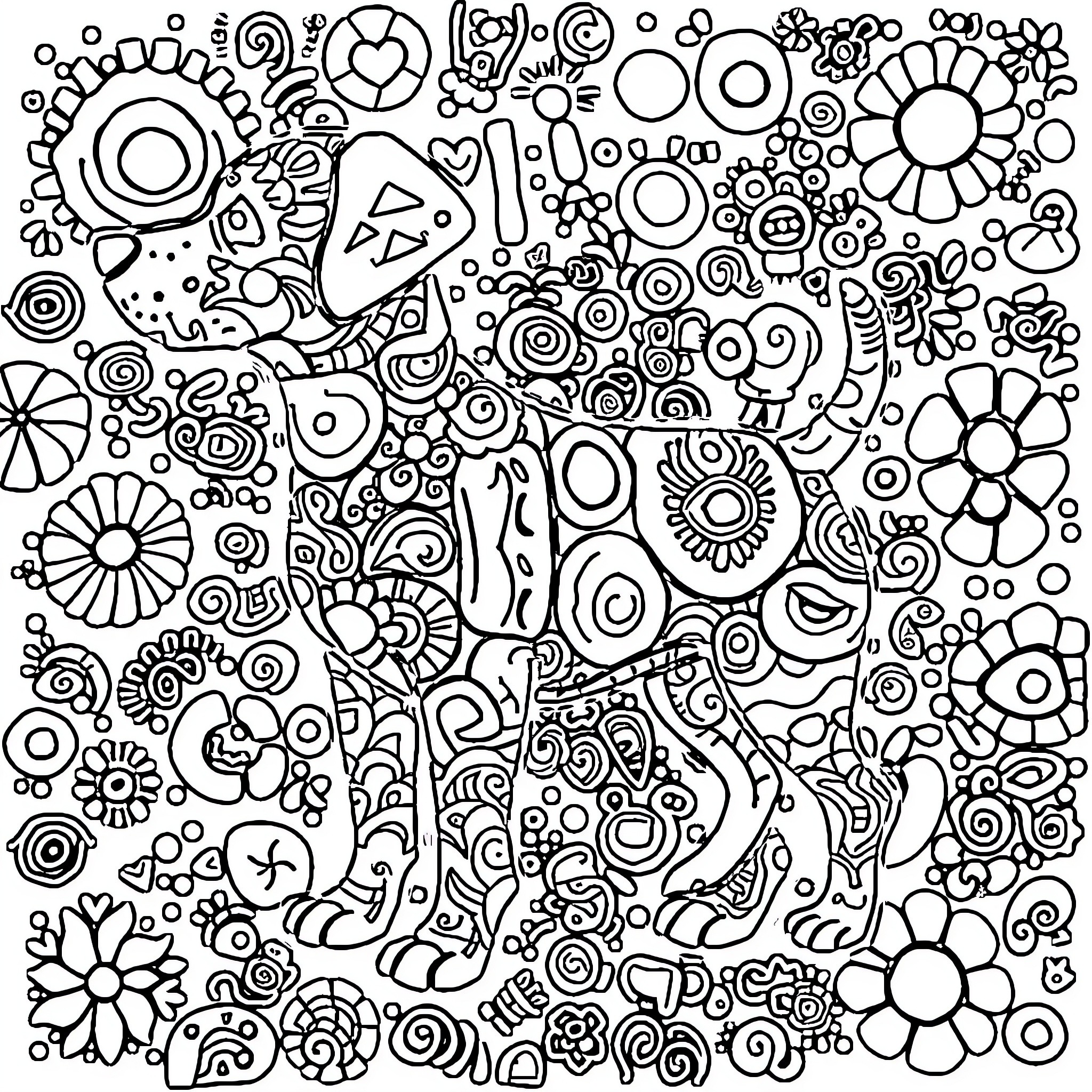 Dog enjoying a colorful, whimsical world Coloring Page (free black-and-white line drawing printable PDF for all, from beginners to advanced learners, including children, teens, adults, and seniors)