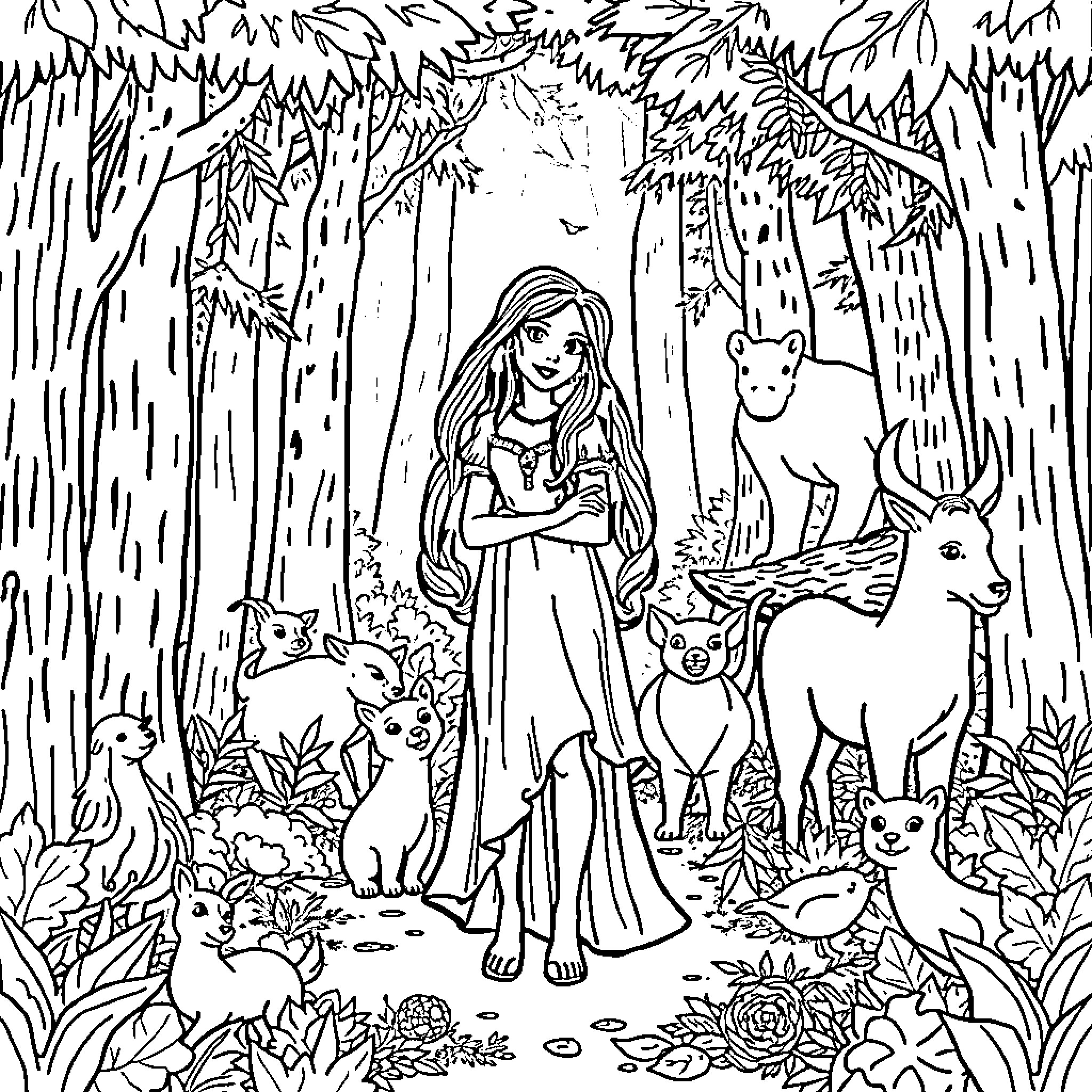 Snow White's enchanted forest adventure Coloring Page (free black-and-white line drawing printable PDF for all, from beginners to advanced learners, including children, teens, adults, and seniors)