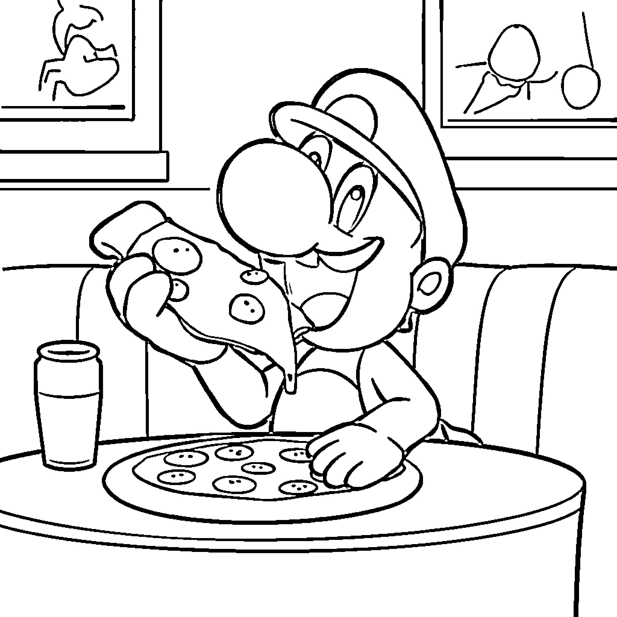 Yoshi enjoying a tasty pizza snack Coloring Page (free black-and-white line drawing printable PDF for all, from beginners to advanced learners, including children, teens, adults, and seniors)