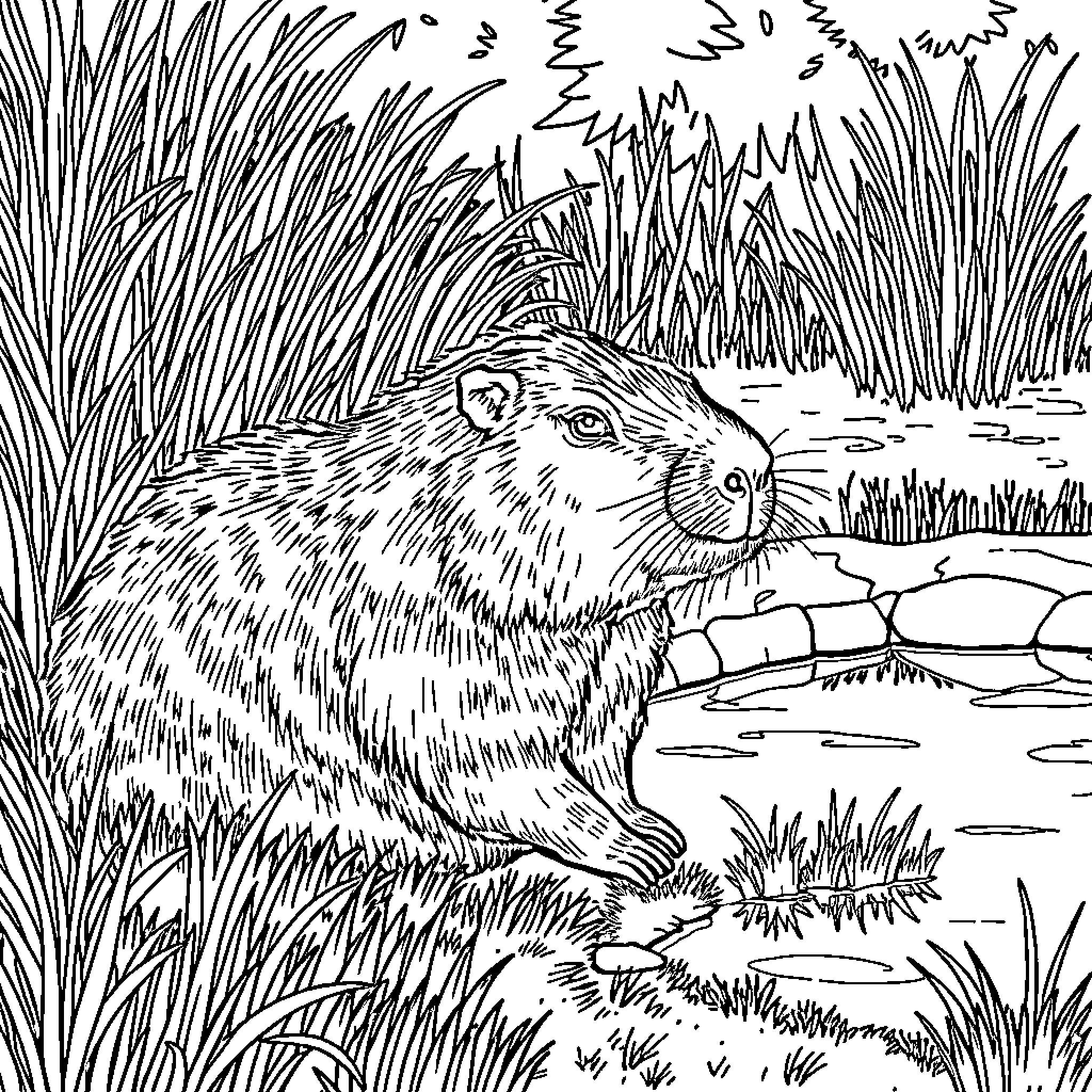 Capybara in a serene natural setting Coloring Page (free black-and-white line drawing printable PDF for all, from beginners to advanced learners, including children, teens, adults, and seniors)