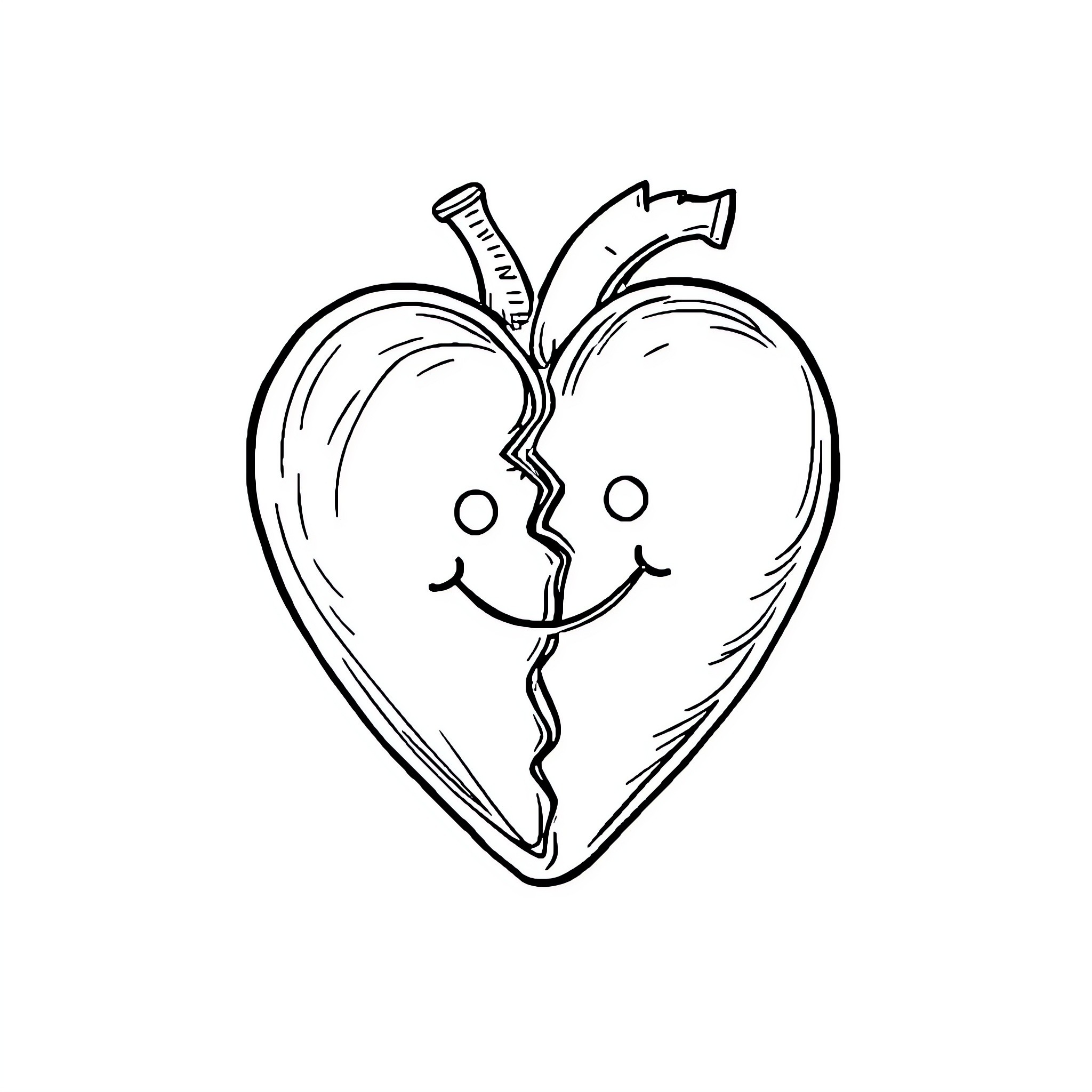 Heart split with smiling faces Coloring Page (free black-and-white line drawing printable PDF for all, from beginners to advanced learners, including children, teens, adults, and seniors)