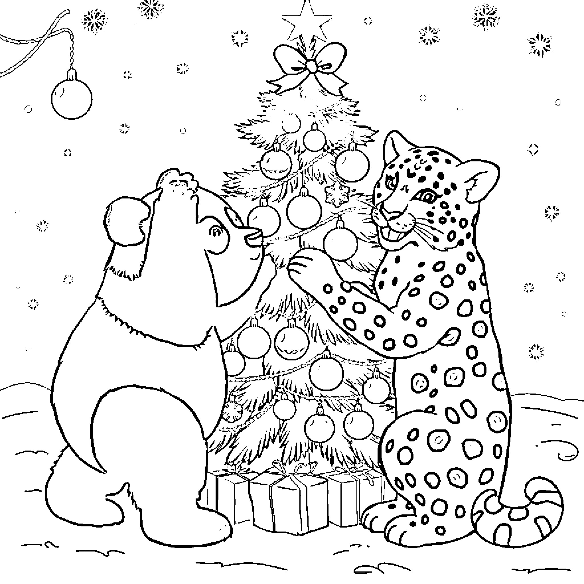 Panda and Leopard Decorating Christmas Tree Coloring Page (free black-and-white line drawing printable PDF for all, from beginners to advanced learners, including children, teens, adults, and seniors)