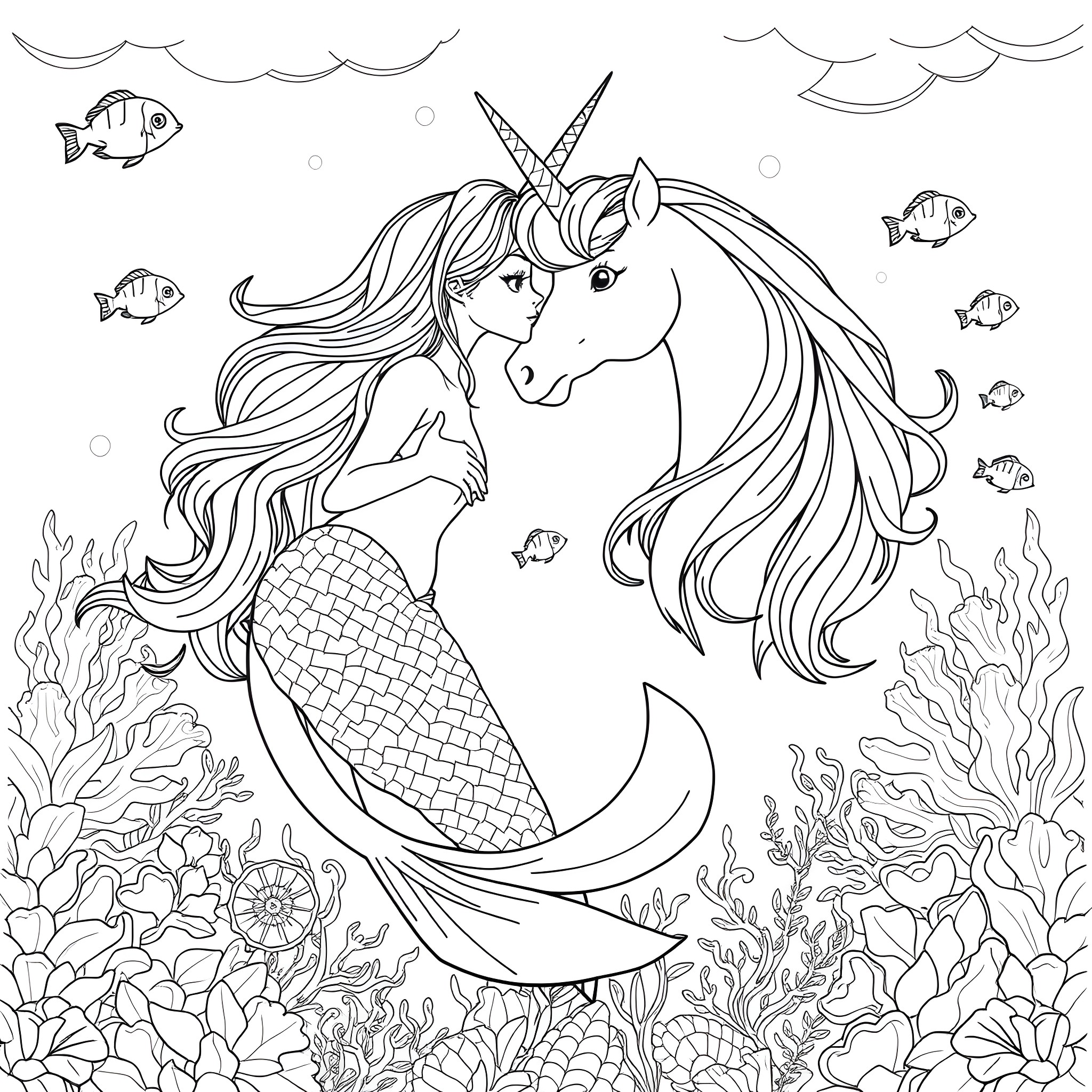 Mermaid swimming with a magical unicorn under the sea Coloring Page (free black-and-white line drawing printable PDF for all, from beginners to advanced learners, including children, teens, adults, and seniors)