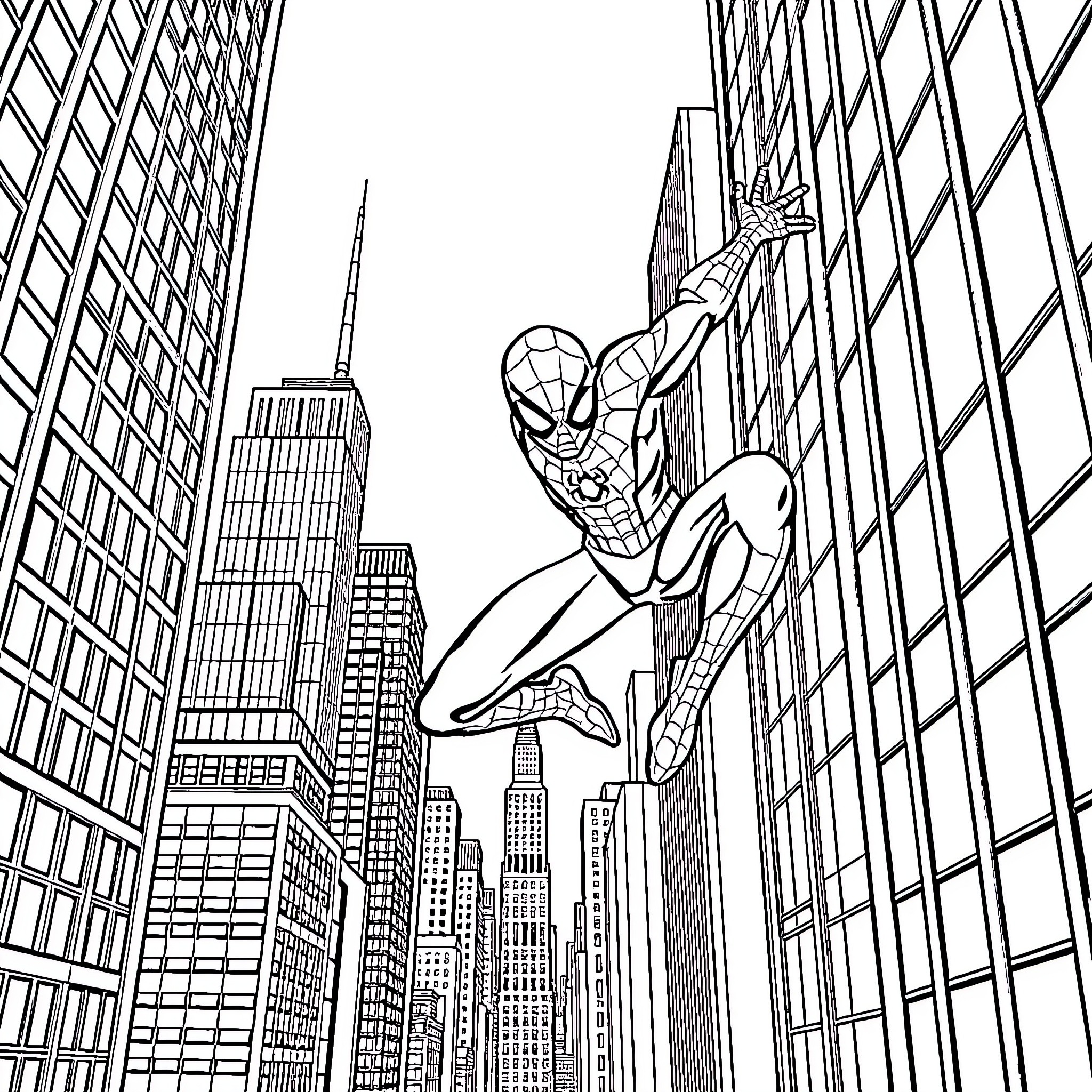 Spiderman swinging through skyscrapers in the city Coloring Page (free black-and-white line drawing printable PDF for all, from beginners to advanced learners, including children, teens, adults, and seniors)
