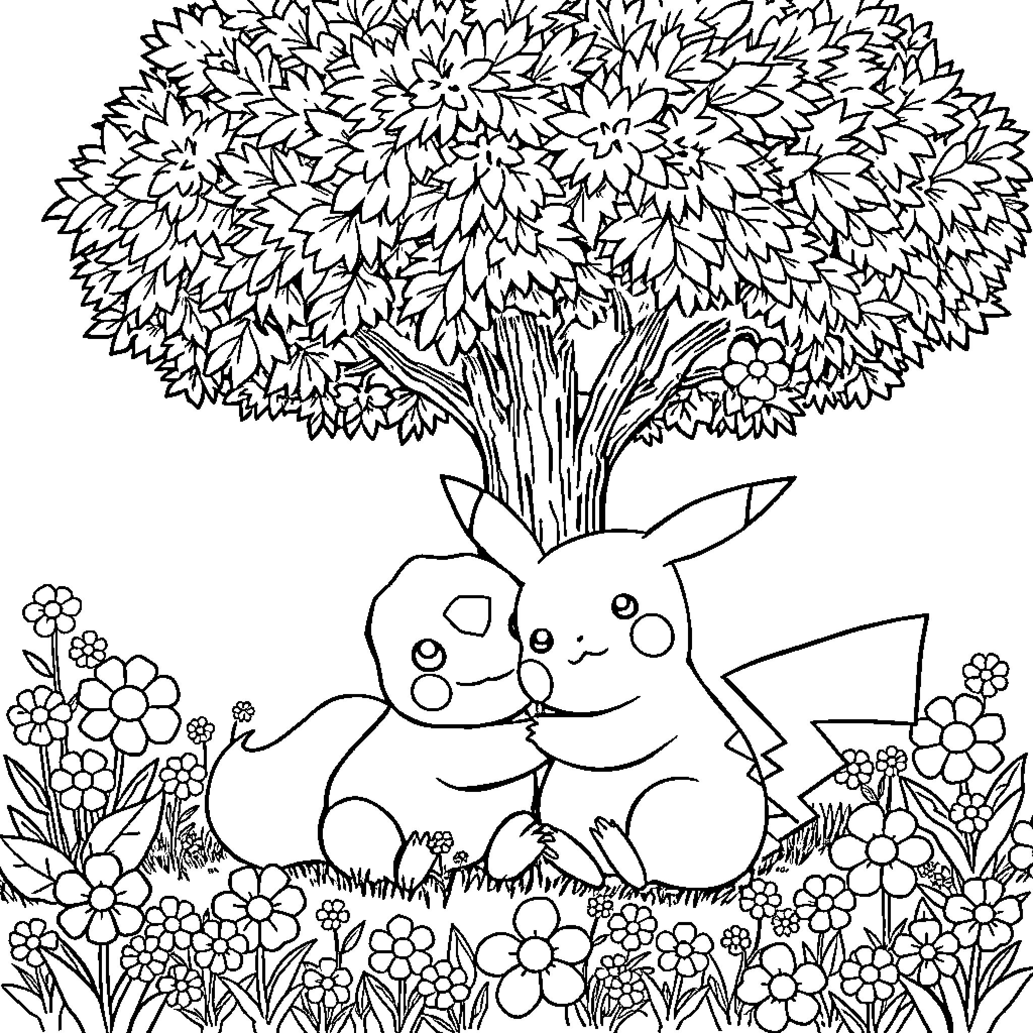 Pikachu's Floral Adventure Coloring Page (free black-and-white line drawing printable PDF for all, from beginners to advanced learners, including children, teens, adults, and seniors)
