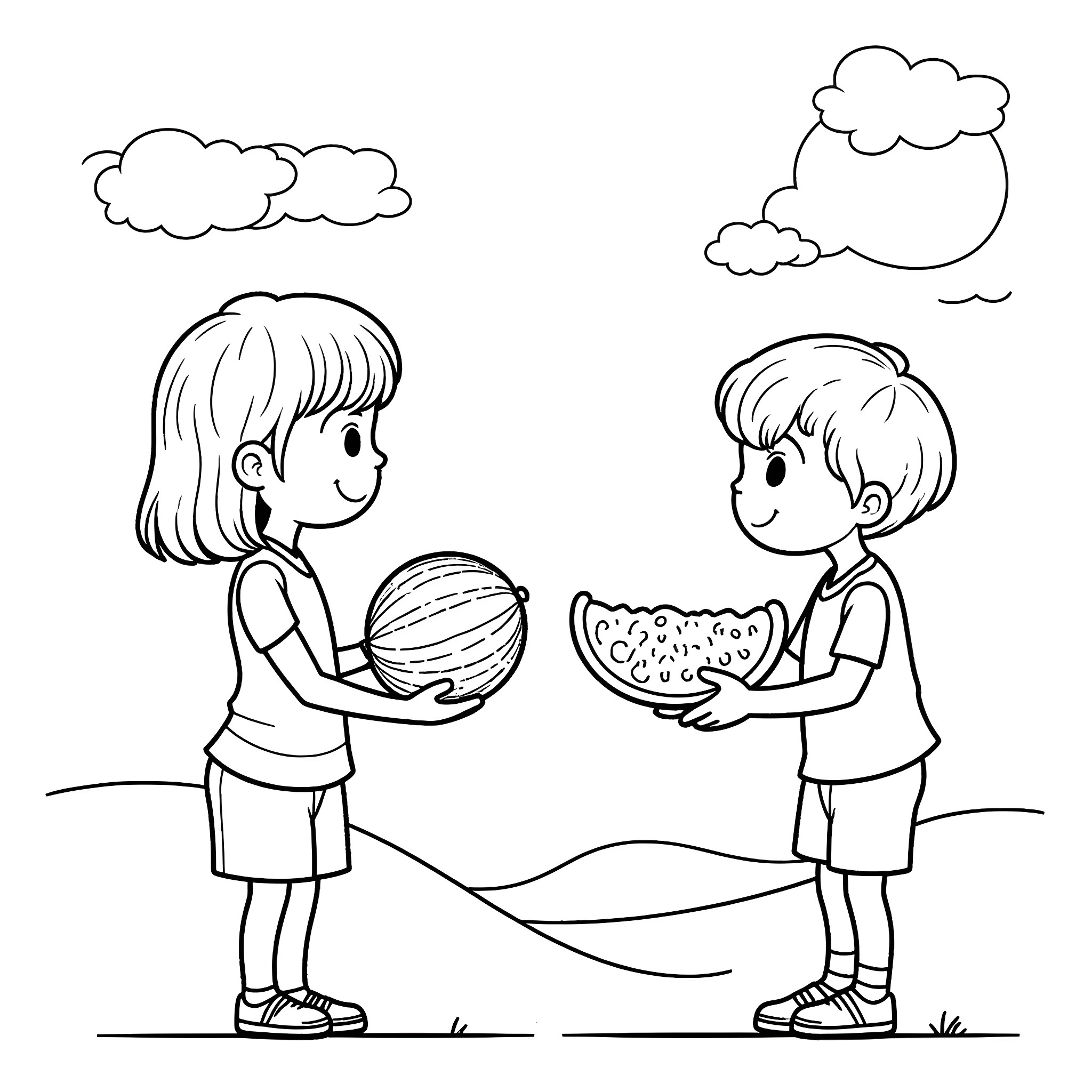 Kid sharing watermelon with friend on a sunny day Coloring Page (free black-and-white line drawing printable PDF for all, from beginners to advanced learners, including children, teens, adults, and seniors)