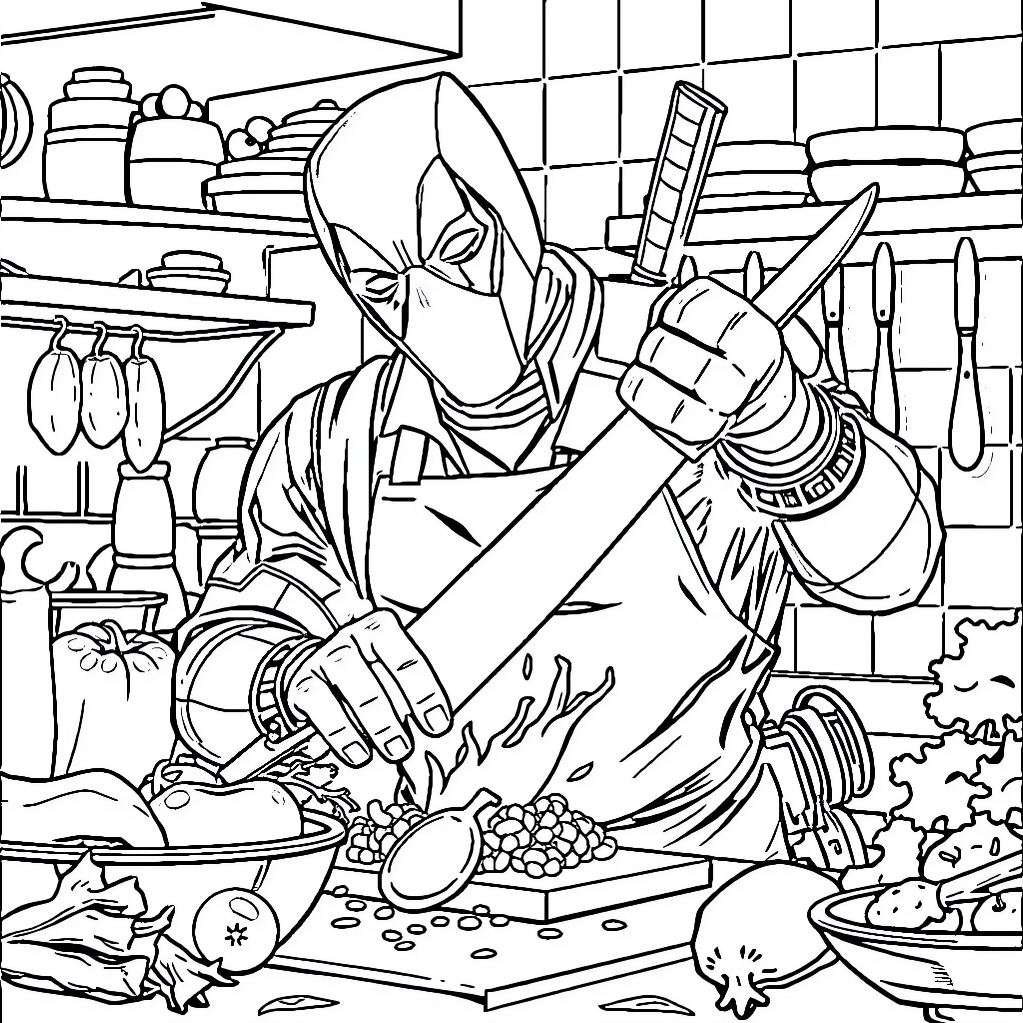Deadpool Preparing a Culinary Masterpiece in the Kitchen Coloring Page (free black-and-white line drawing printable PDF for all, from beginners to advanced learners, including children, teens, adults, and seniors)