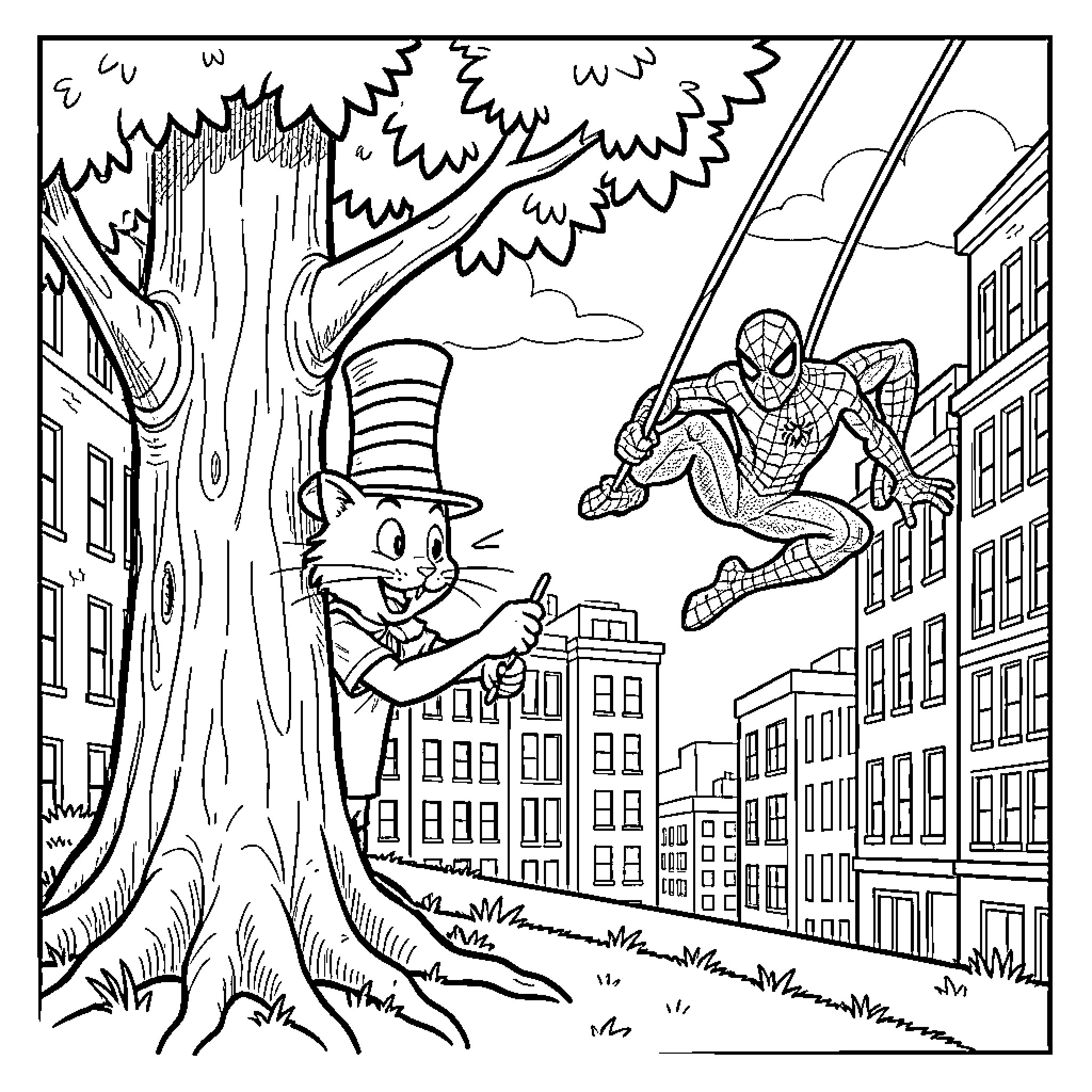 Cat in the Hat watching a superhero swing by Coloring Page (free black-and-white line drawing printable PDF for all, from beginners to advanced learners, including children, teens, adults, and seniors)