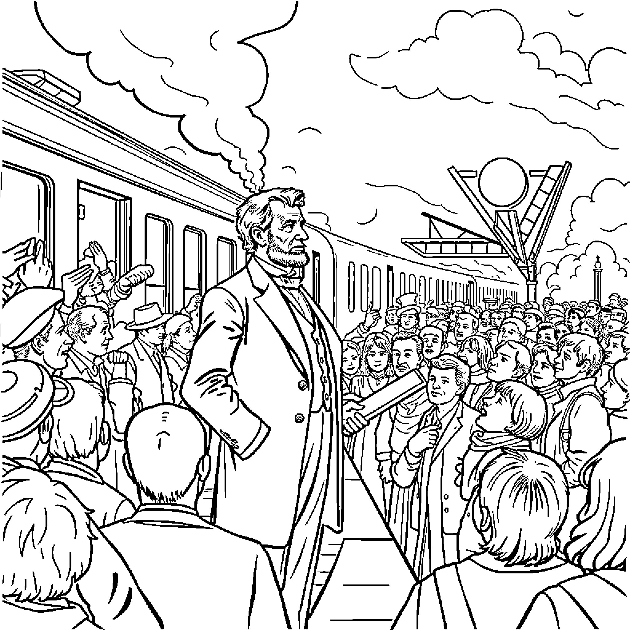 Abraham Lincoln addressing a crowd at a train station Coloring Page (free black-and-white line drawing printable PDF for all, from beginners to advanced learners, including children, teens, adults, and seniors)