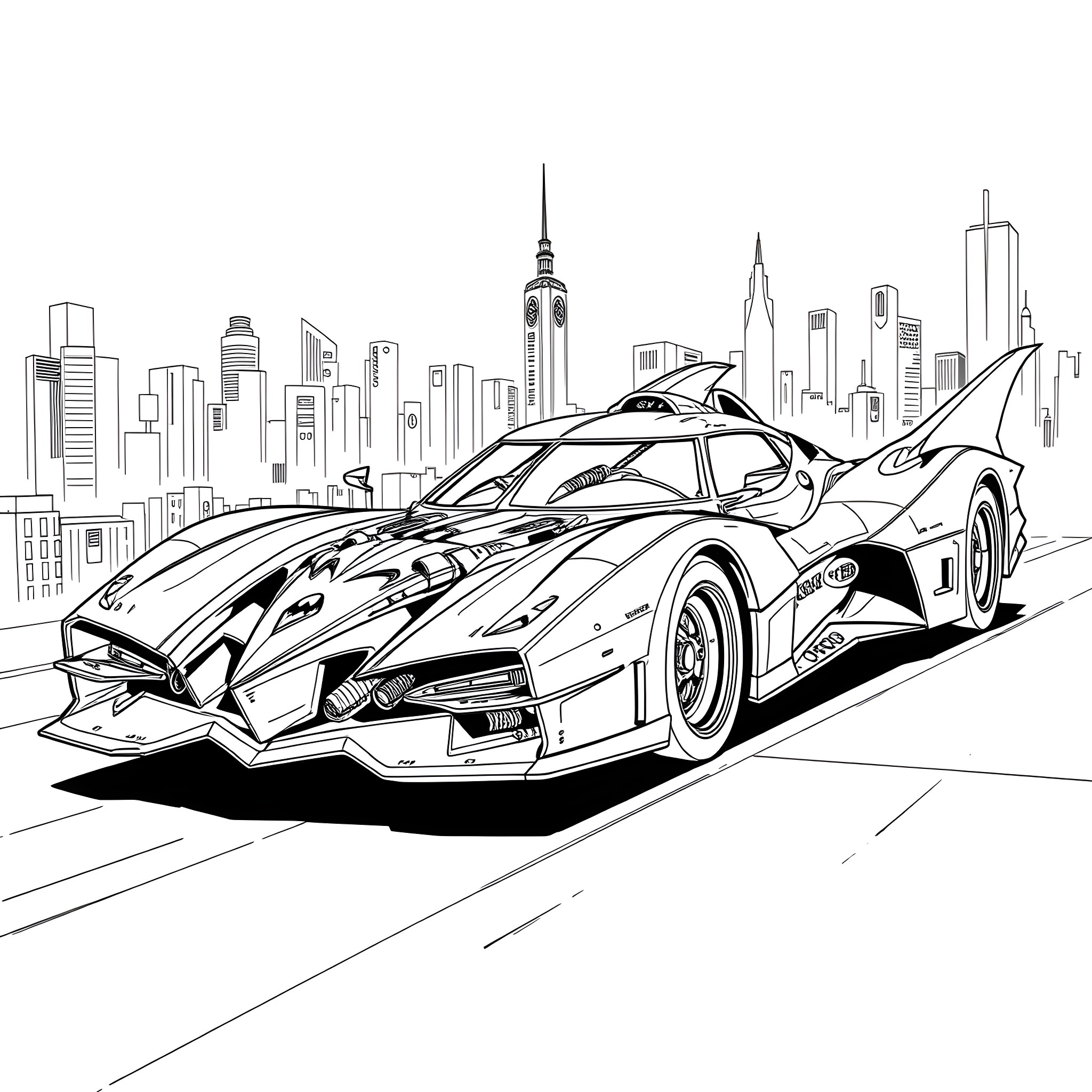 Bat Mobile racing through the city Coloring Page (free black-and-white line drawing printable PDF for all, from beginners to advanced learners, including children, teens, adults, and seniors)