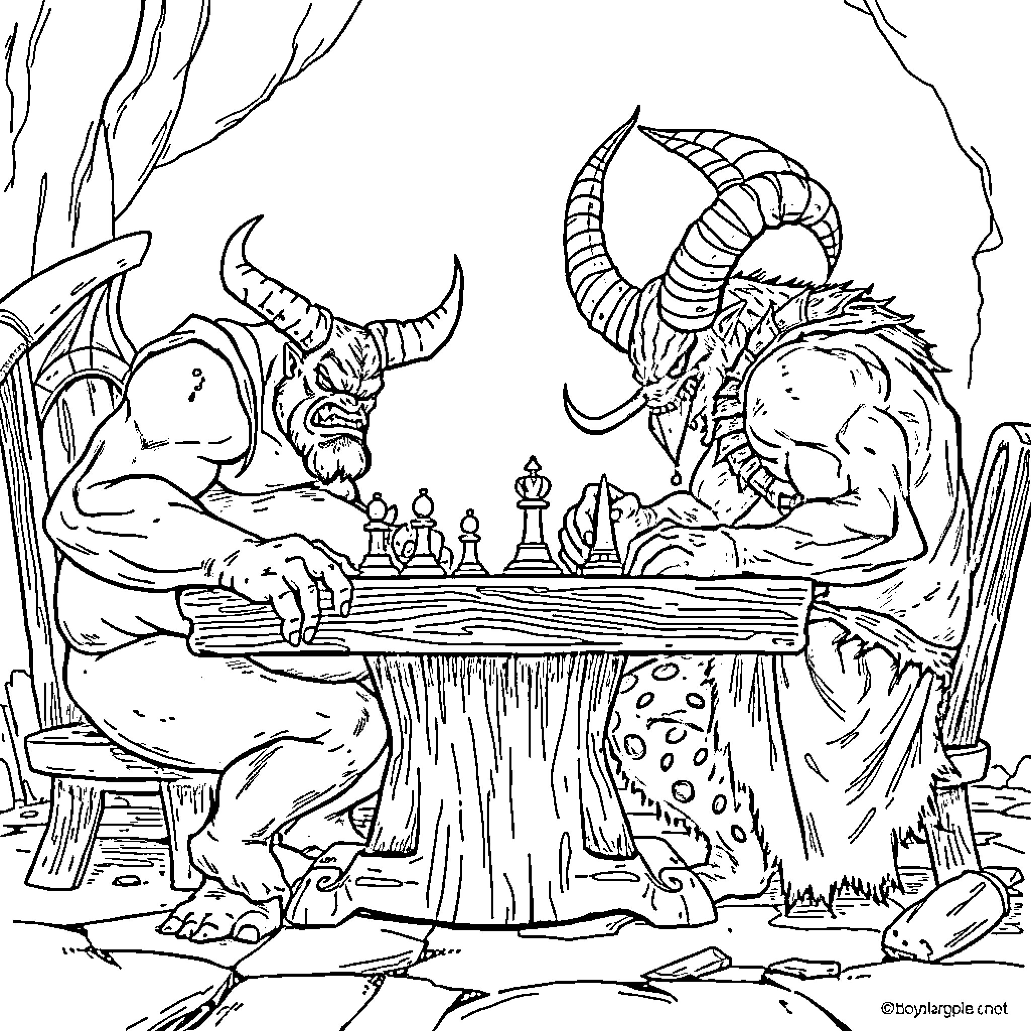 Great Unclean One Playing Chess with Monstrous Opponent Coloring Page (free black-and-white line drawing printable PDF for all, from beginners to advanced learners, including children, teens, adults, and seniors)