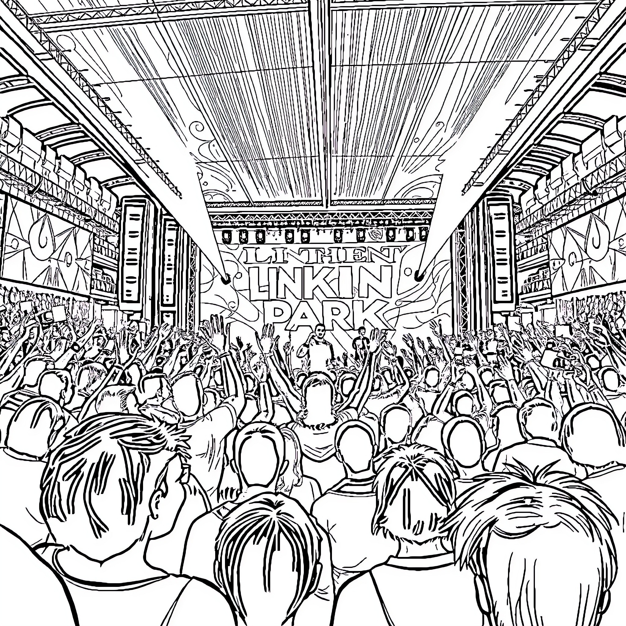 Linkin Park Concert: Energetic Crowd and Stage Coloring Page (free black-and-white line drawing printable PDF for all, from beginners to advanced learners, including children, teens, adults, and seniors)