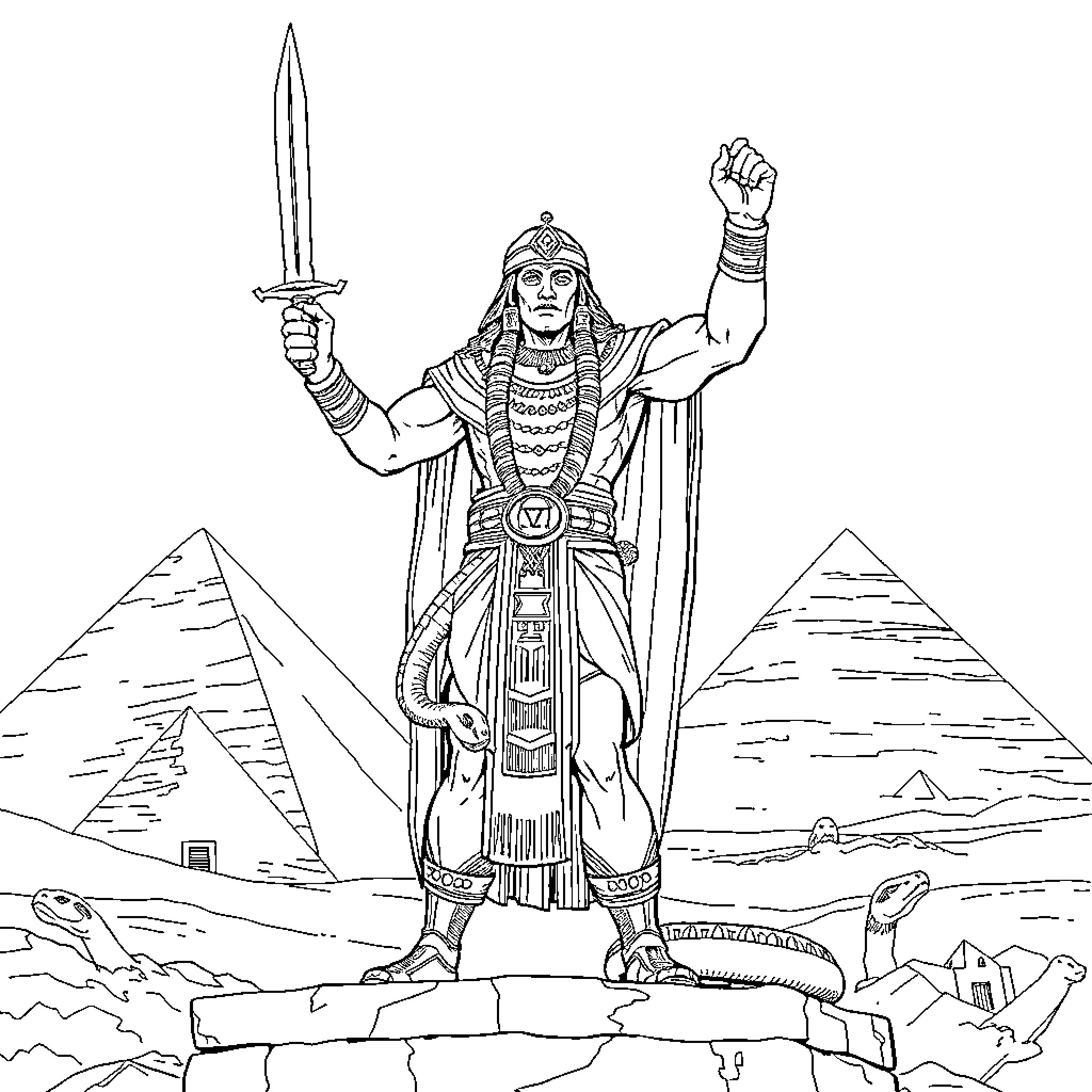 Settite Warrior Wielding Sword Amid Egyptian Pyramids Coloring Page (free black-and-white line drawing printable PDF for all, from beginners to advanced learners, including children, teens, adults, and seniors)