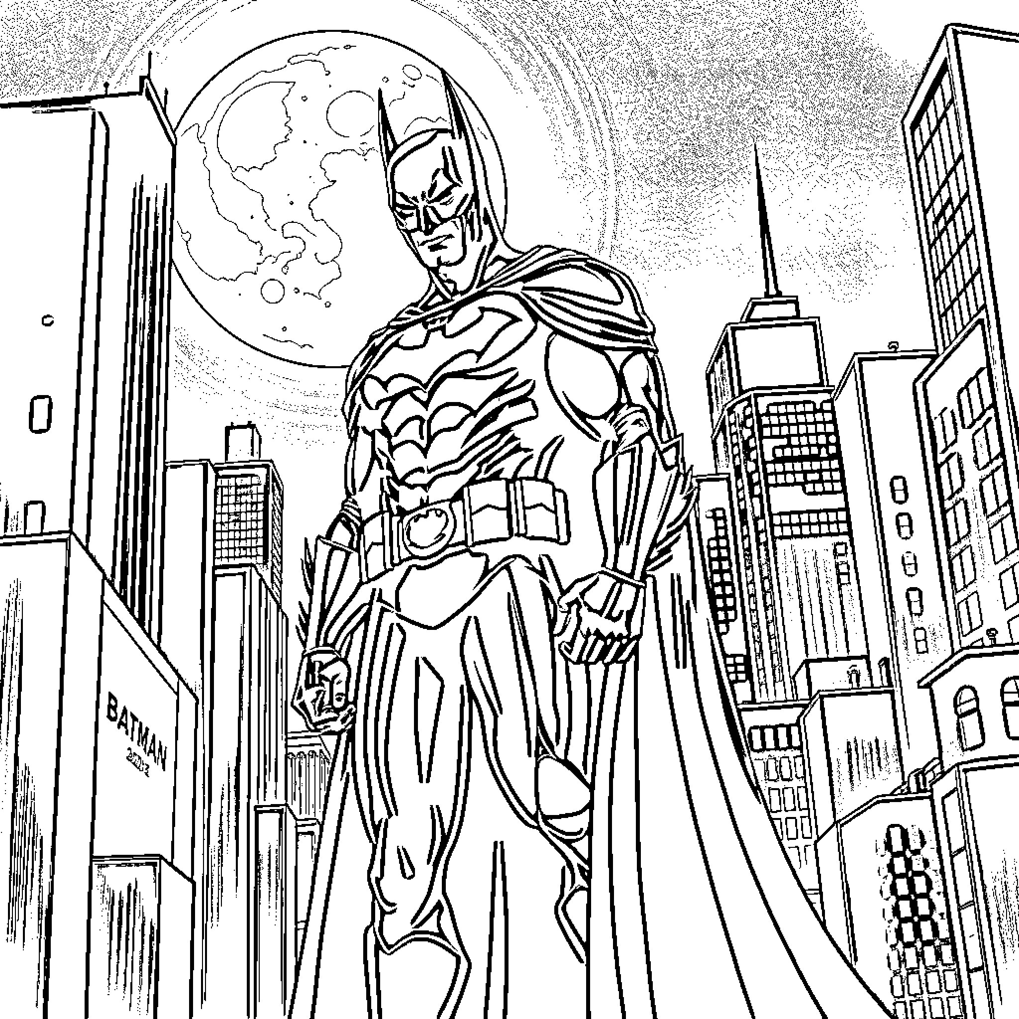 Batman Protecting the Cityscape at Night Coloring Page (free black-and-white line drawing printable PDF for all, from beginners to advanced learners, including children, teens, adults, and seniors)