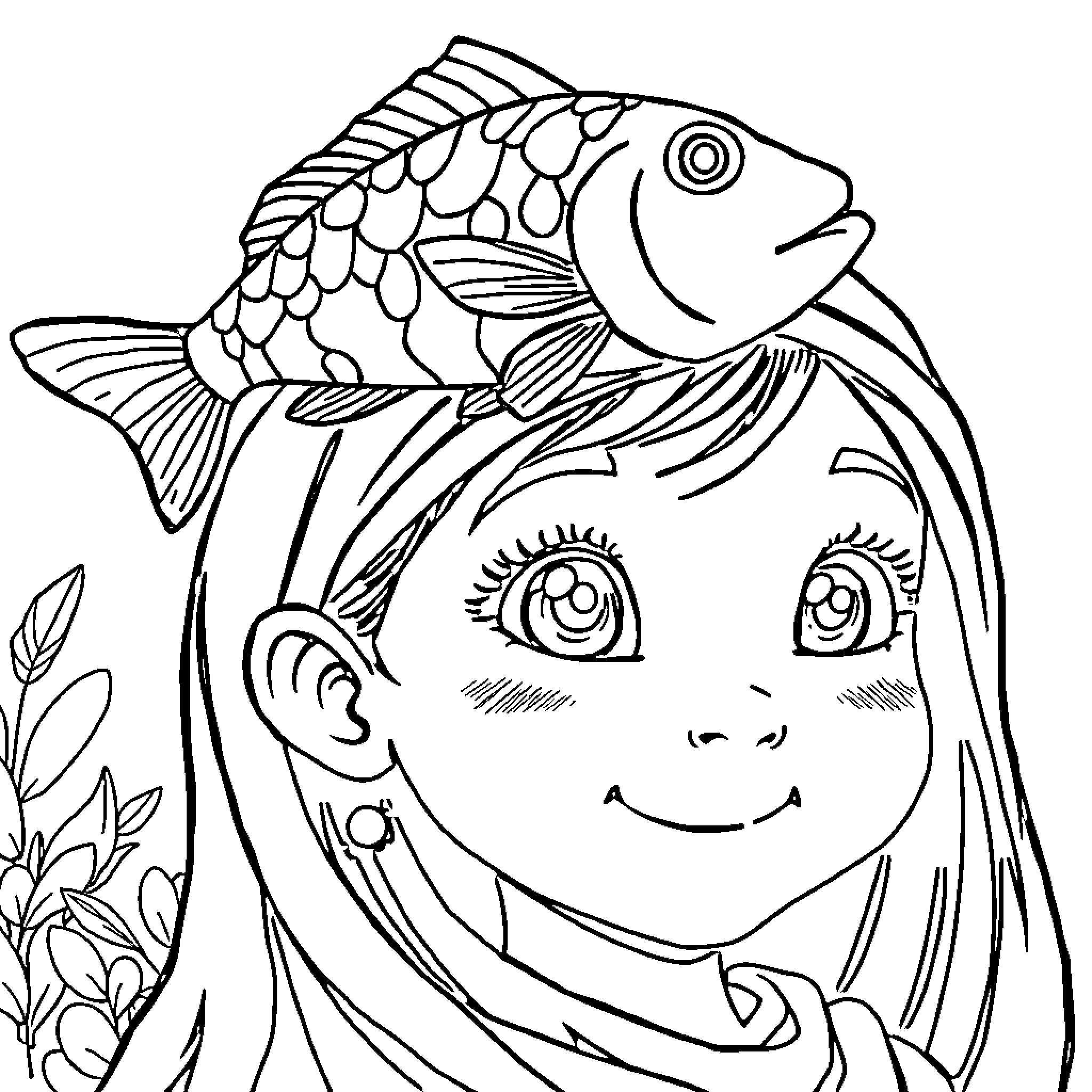 Rumi's Whimsical Adventure with a Friendly Fish Coloring Page (free black-and-white line drawing printable PDF for all, from beginners to advanced learners, including children, teens, adults, and seniors)