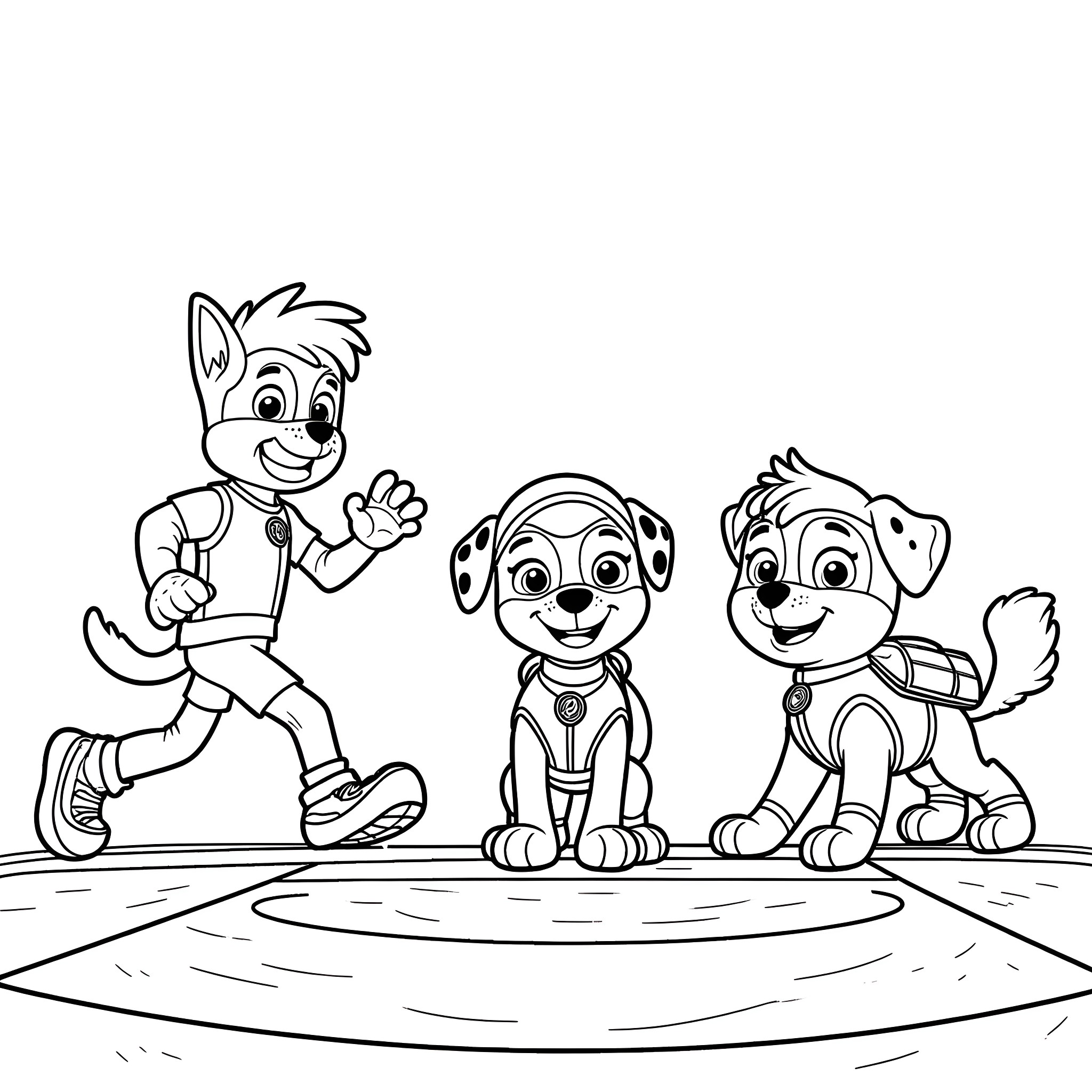 Paw Patrol characters in action poses Coloring Page (free black-and-white line drawing printable PDF for all, from beginners to advanced learners, including children, teens, adults, and seniors)