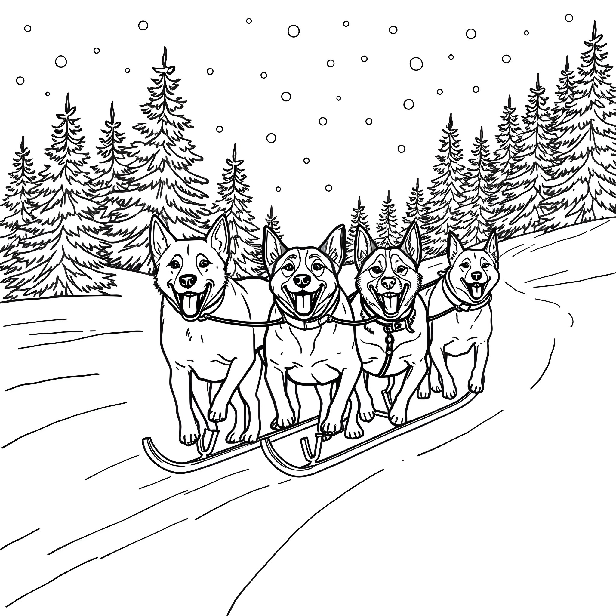 Dogs Sledding Through Snowy Forest Coloring Page (free black-and-white line drawing printable PDF for all, from beginners to advanced learners, including children, teens, adults, and seniors)