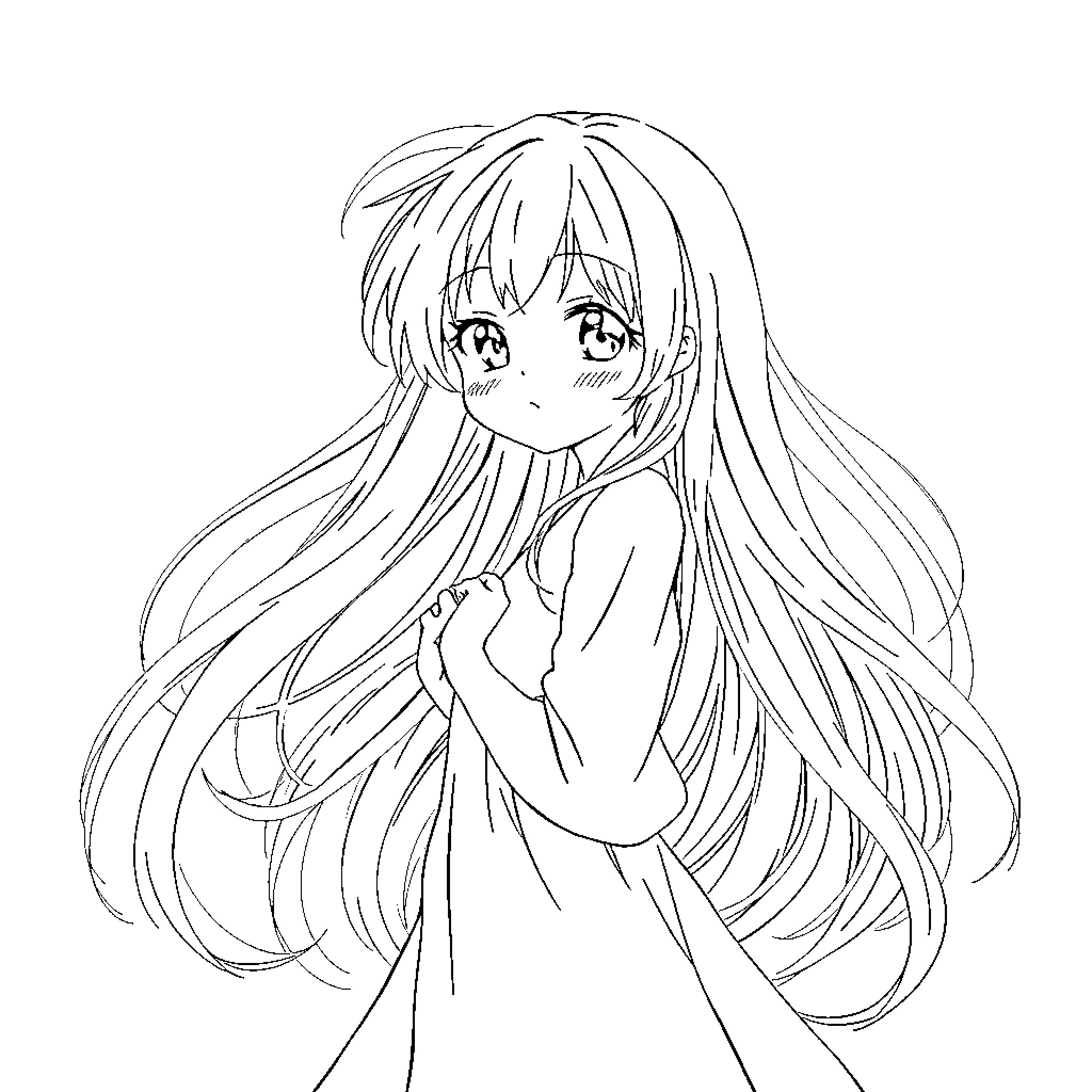 Anime Girl with long flowing hair Coloring Page (free black-and-white line drawing printable PDF for all, from beginners to advanced learners, including children, teens, adults, and seniors)