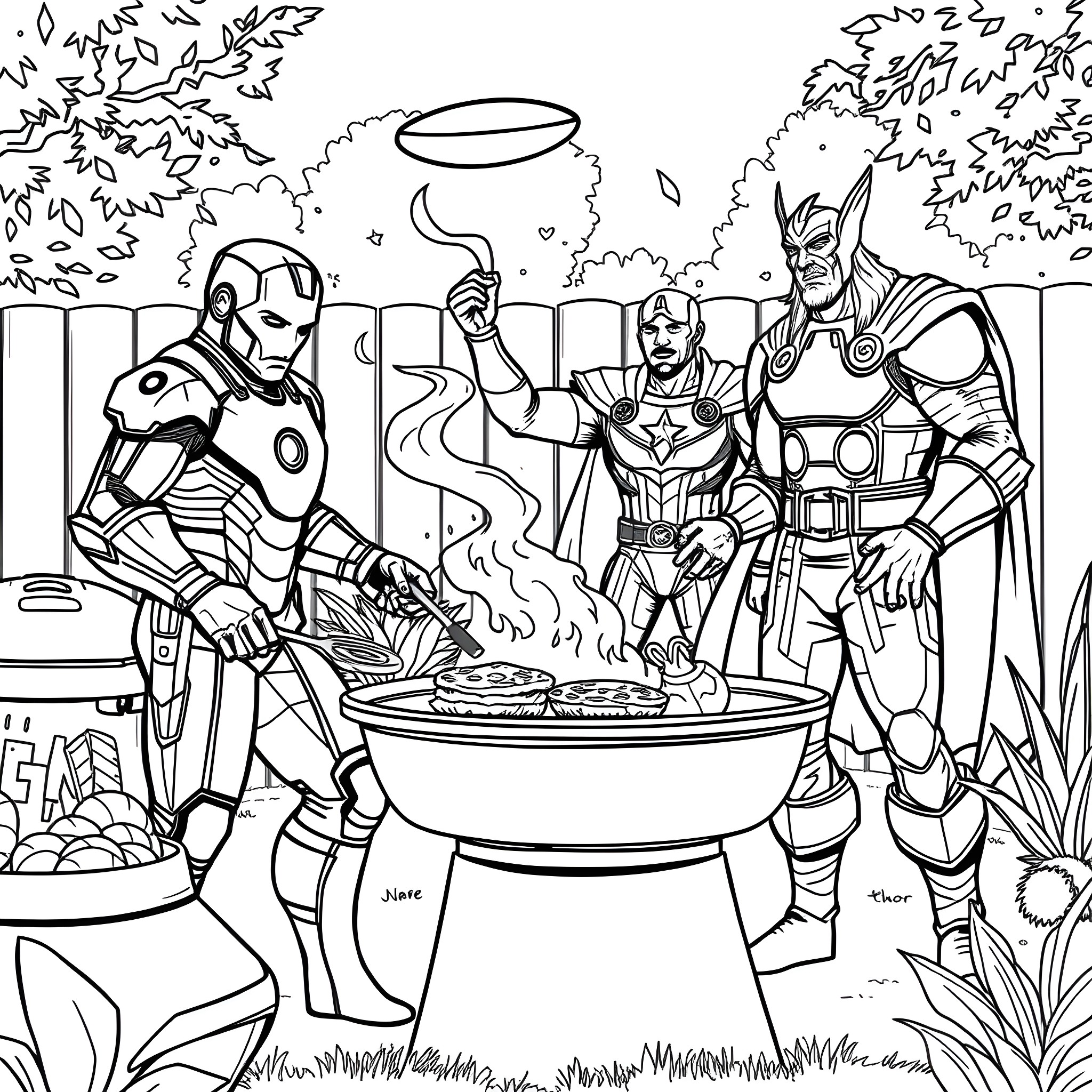 Marvel Superheroes Cooking Together in Outdoor Setting Coloring Page (free black-and-white line drawing printable PDF for all, from beginners to advanced learners, including children, teens, adults, and seniors)