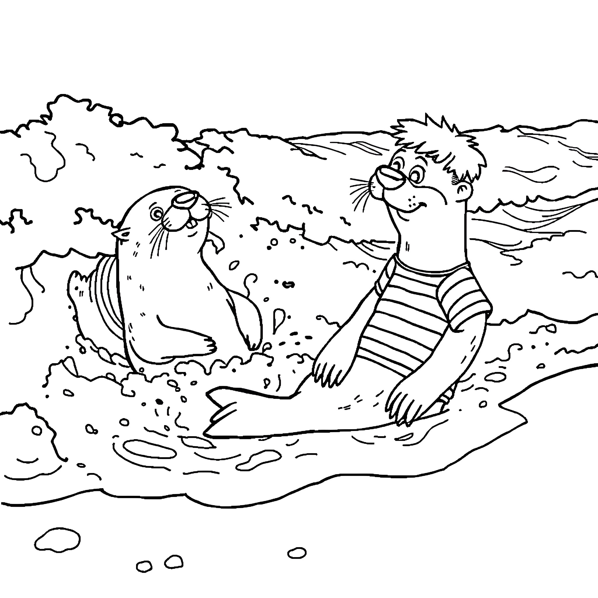 Otter playing joyfully in the pond Coloring Page (free black-and-white line drawing printable PDF for all, from beginners to advanced learners, including children, teens, adults, and seniors)