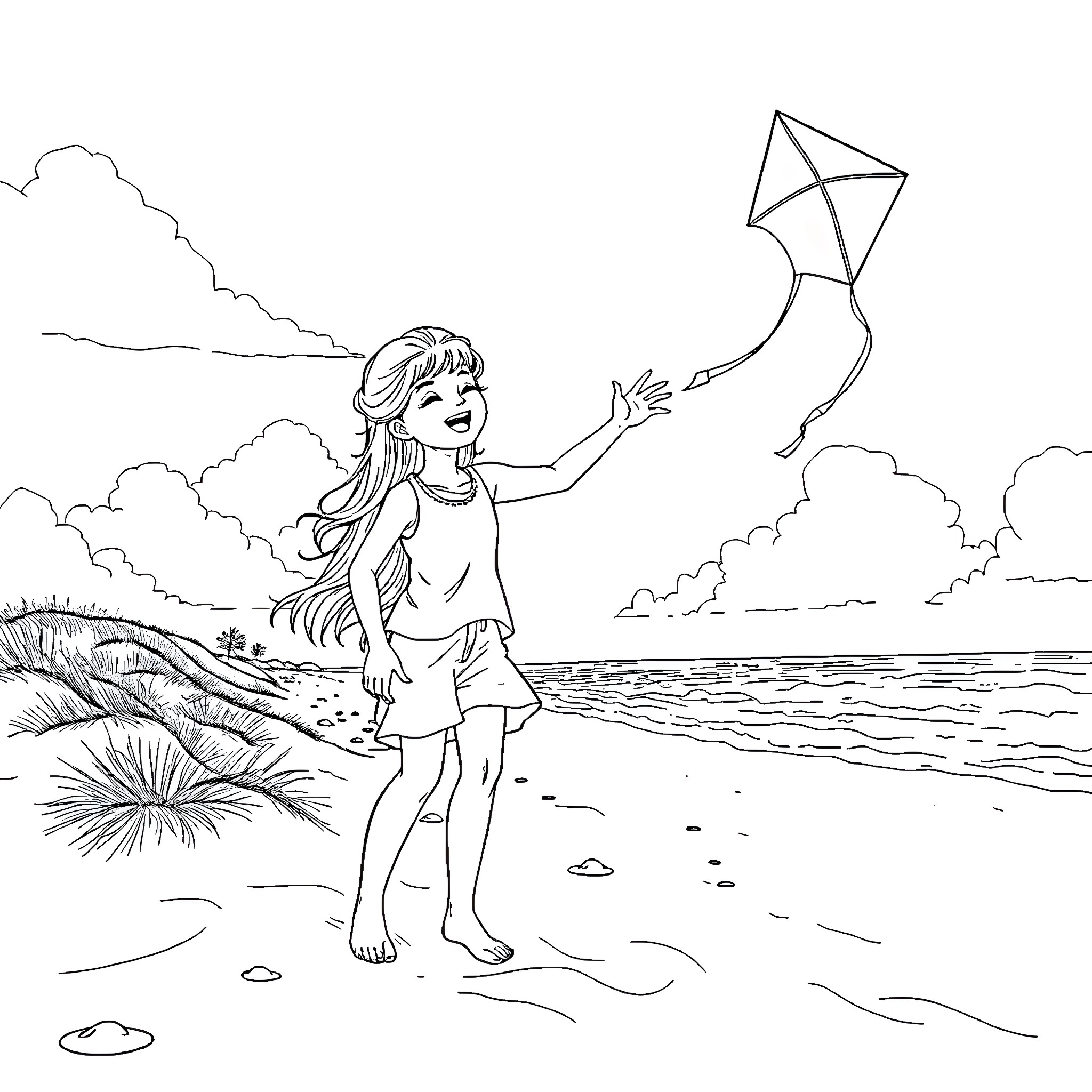 Teen Girl Flying Kite at Beach Coloring Page (free black-and-white line drawing printable PDF for all, from beginners to advanced learners, including children, teens, adults, and seniors)