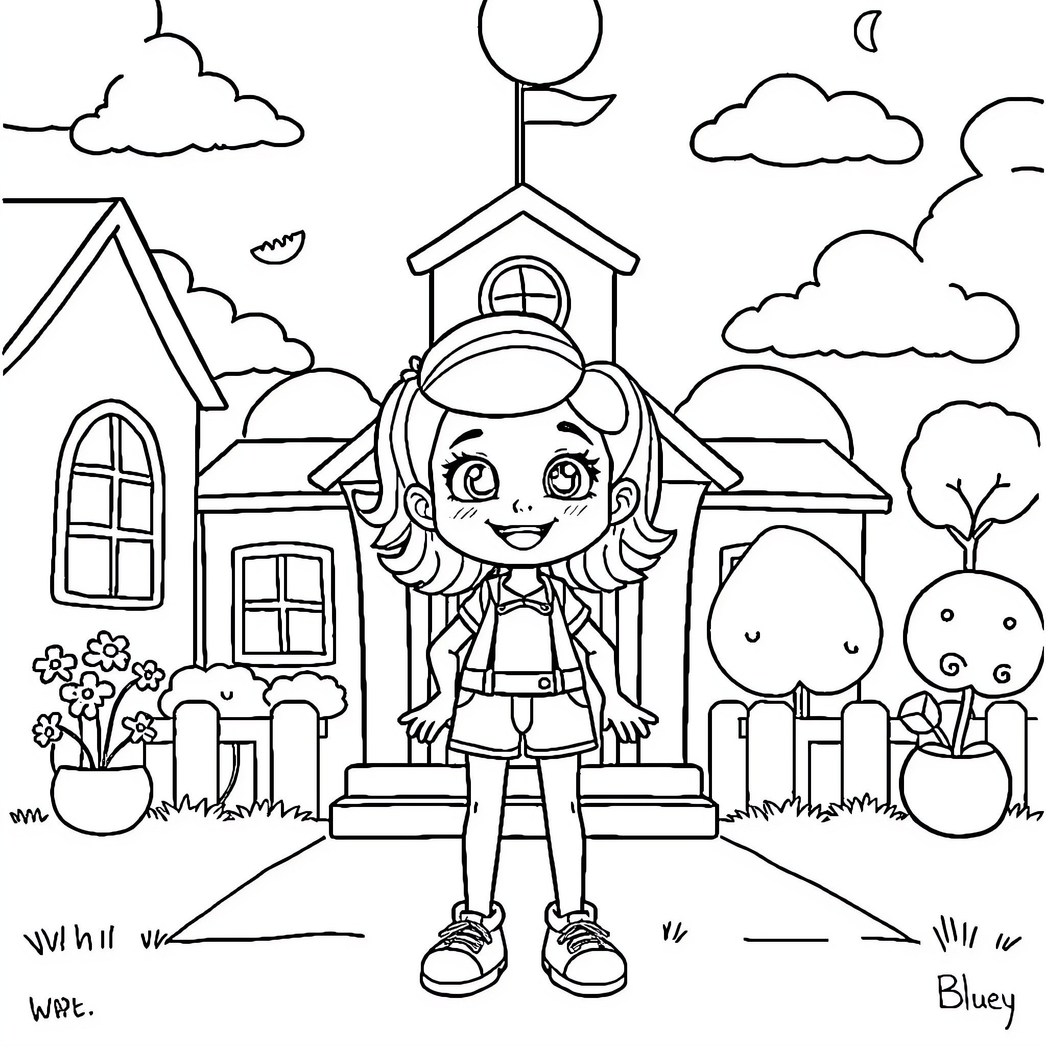Bluey's happy day at school Coloring Page (free black-and-white line drawing printable PDF for all, from beginners to advanced learners, including children, teens, adults, and seniors)