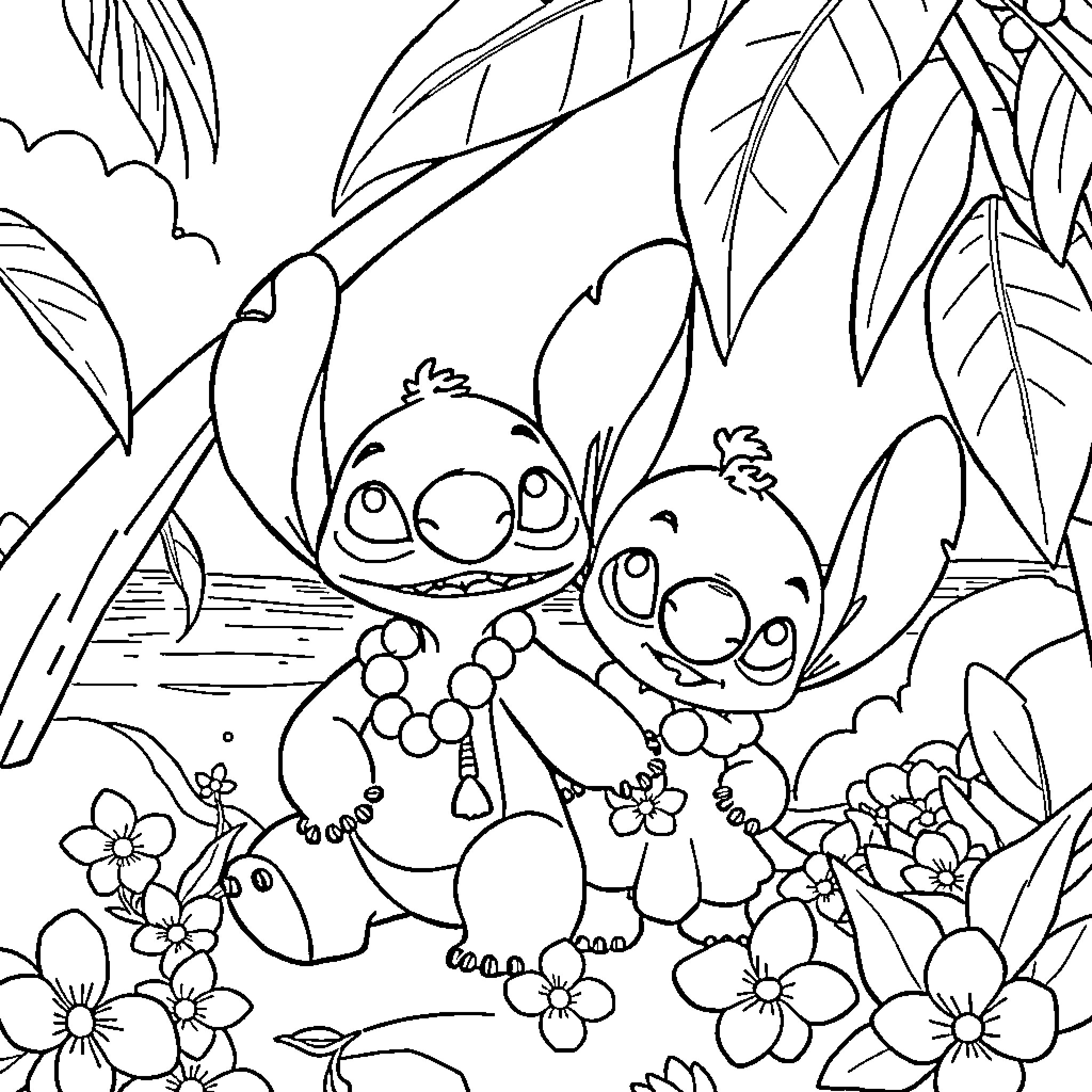 Lilo And Stitch playing happily in the tropical forest Coloring Page (free black-and-white line drawing printable PDF for all, from beginners to advanced learners, including children, teens, adults, and seniors)