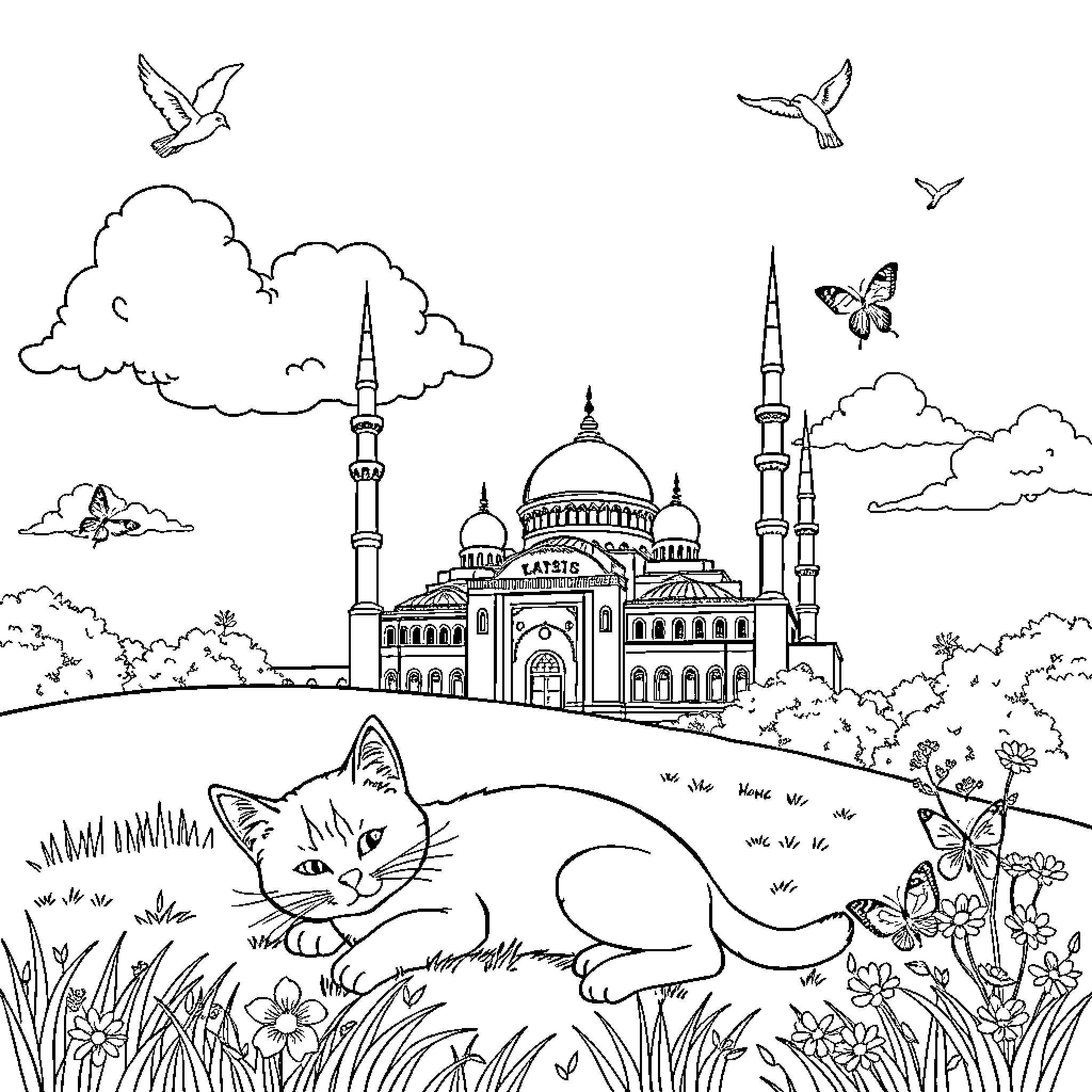 Cat relaxing in the garden near a mosque Coloring Page (free black-and-white line drawing printable PDF for all, from beginners to advanced learners, including children, teens, adults, and seniors)